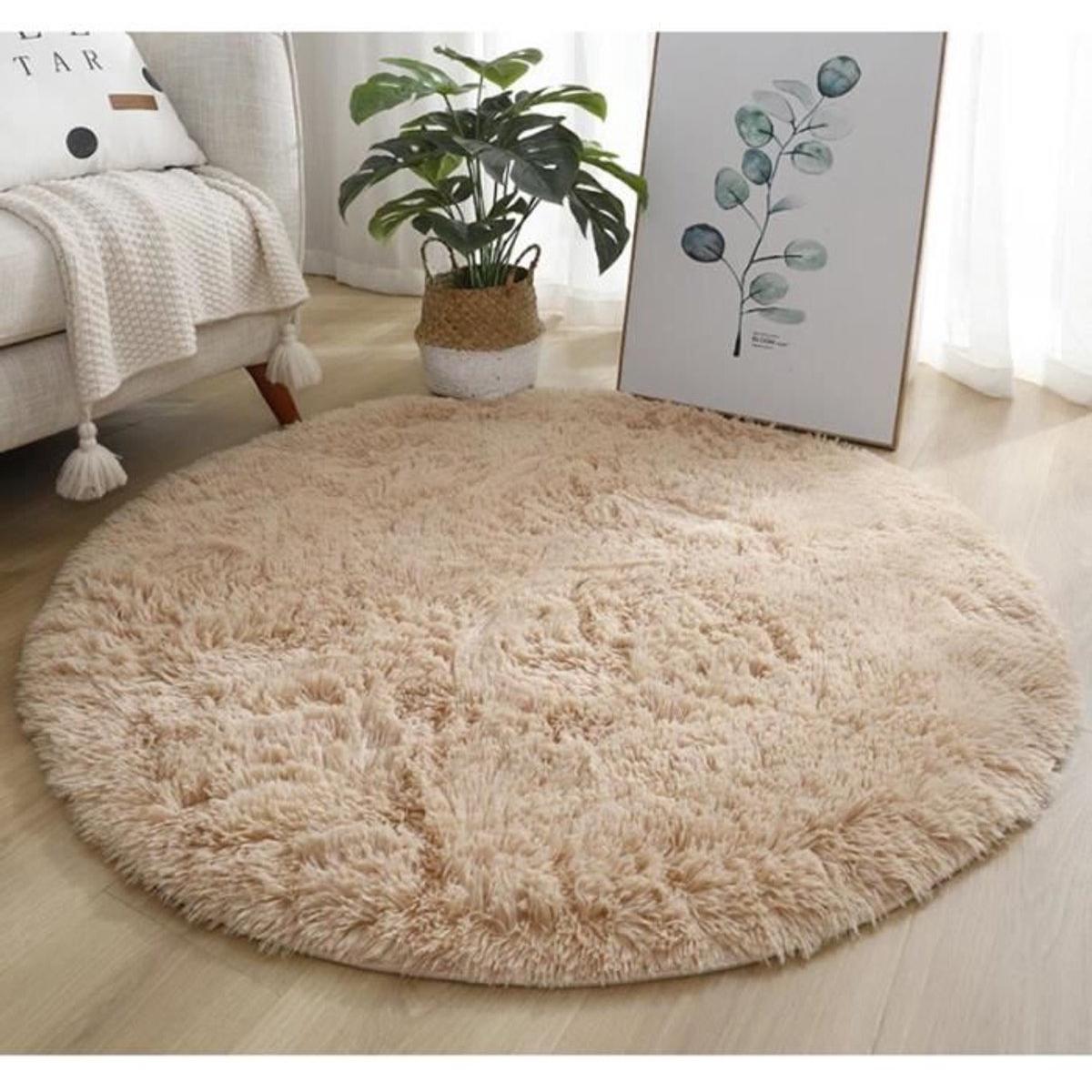 Alfombra beige. Adecuada para la sala de estar, redonda, 120 cm. Alfombra de pelo largo para dormitorio. Alfombra suave y mullida.