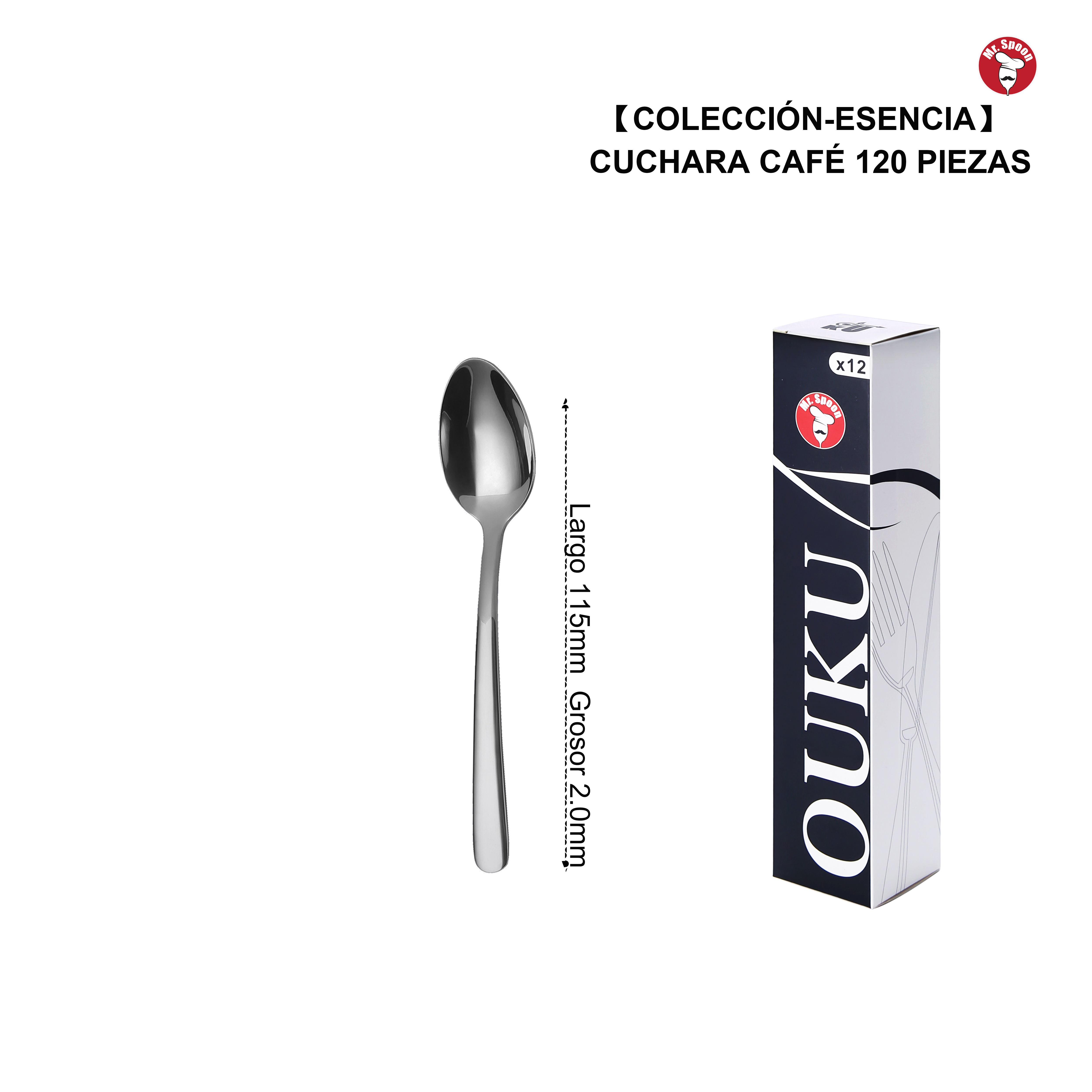 Mr. Spoon Serie Esencia Cucharas de12, 48 o120 piezas. Acero inox18/0, Económico y funcional. Cuchara sopera 205mm,cuchara postre 185mm,cuchara de té y café 145mm/115mm. Mango monobloque,Apto para lavavajillas.Empaque ecológico.Para casa,hotel,restaurante