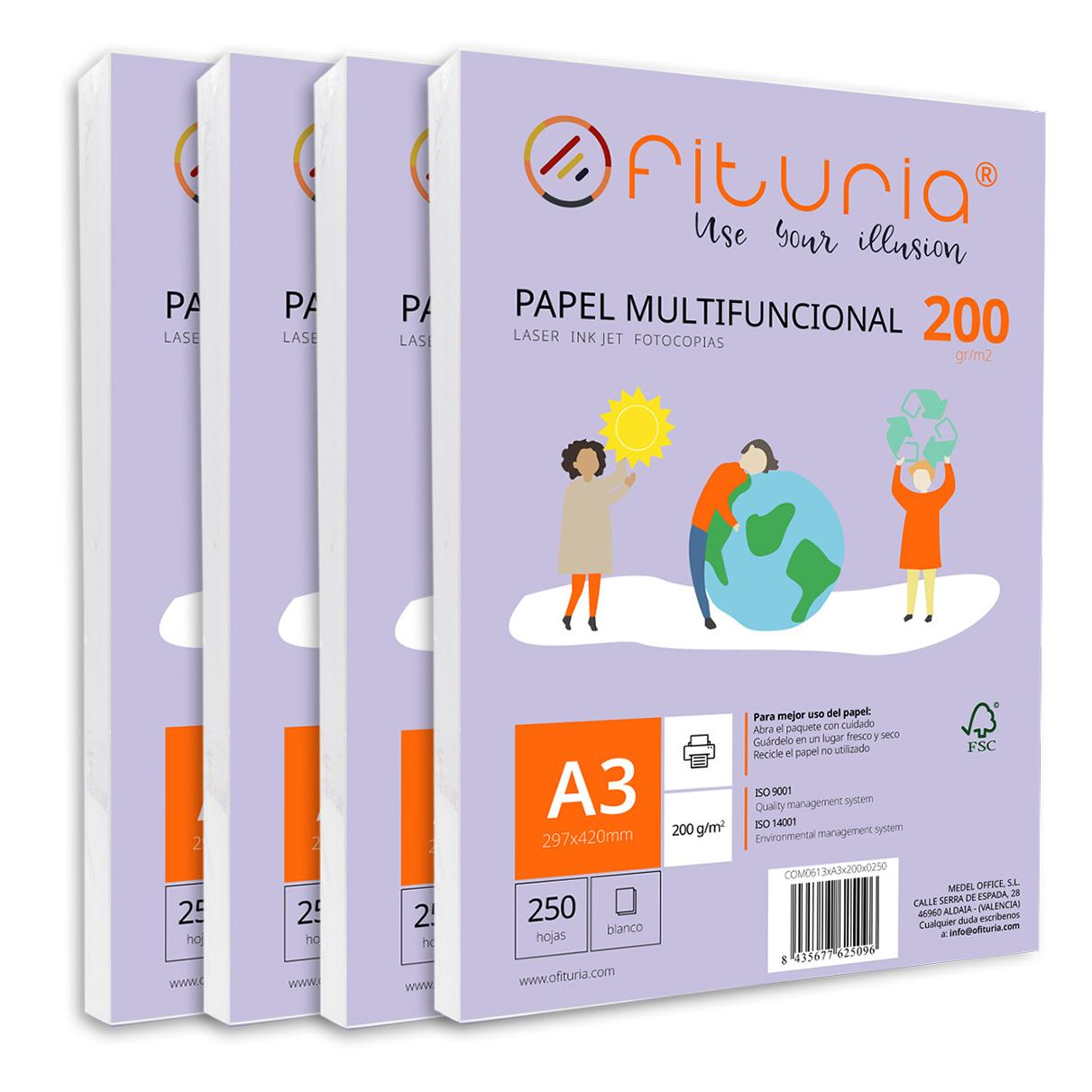 Paquete de folios A3 de 200gr con 1000 Hojas Blancas, Papel Multifuncional para Uso Escolar y Entornos Laborales. Ideal con impresoras láser, de inyección o fotocopiadoras - Ofituria