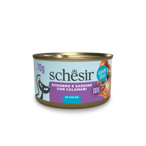 Schesir Comida Húmeda Filetes de Caballa y Sardina con Calamares en Salsa para Gatos - 70 GR
