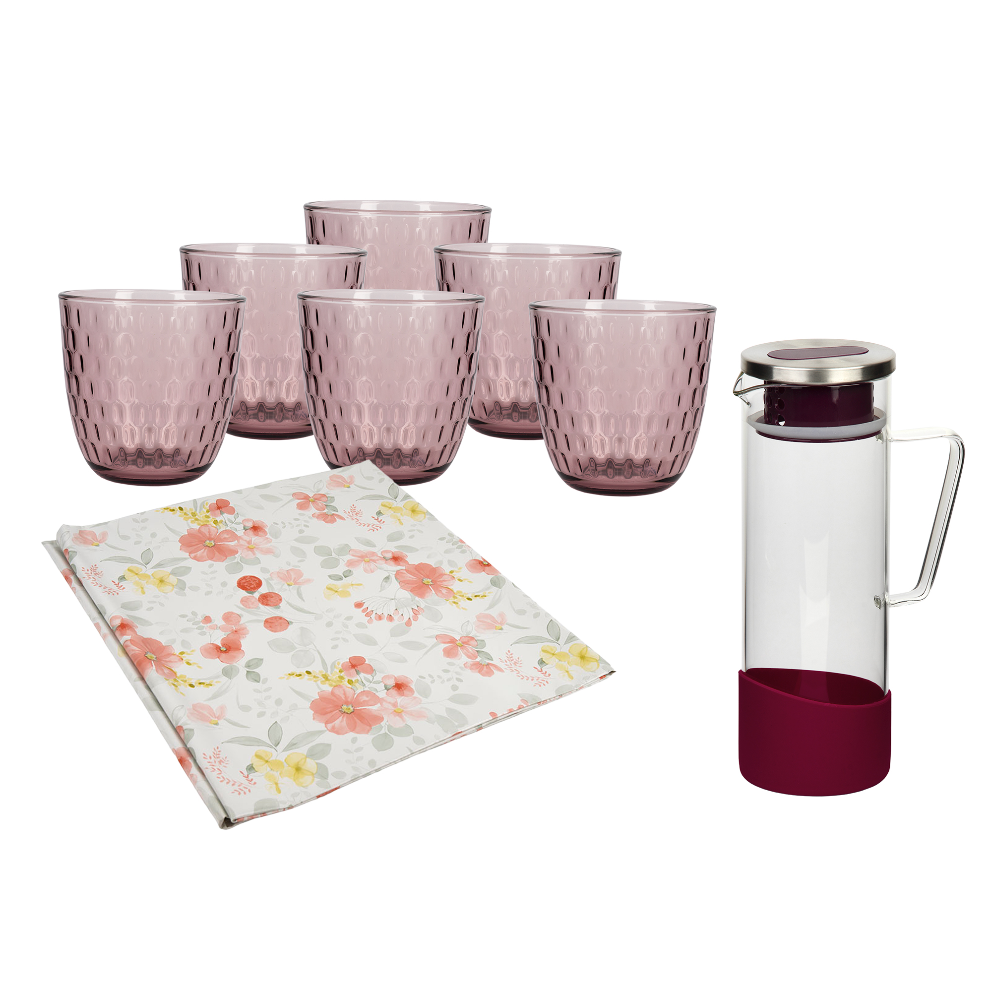 Cofan Pack Jarra de Vidrio Borosilicato Morada 1,3 l, 6 Vasos de Vidrio Púrpura 29 cl, Hule Antimanchas 1,4 x 1,4 m Diseño Floral