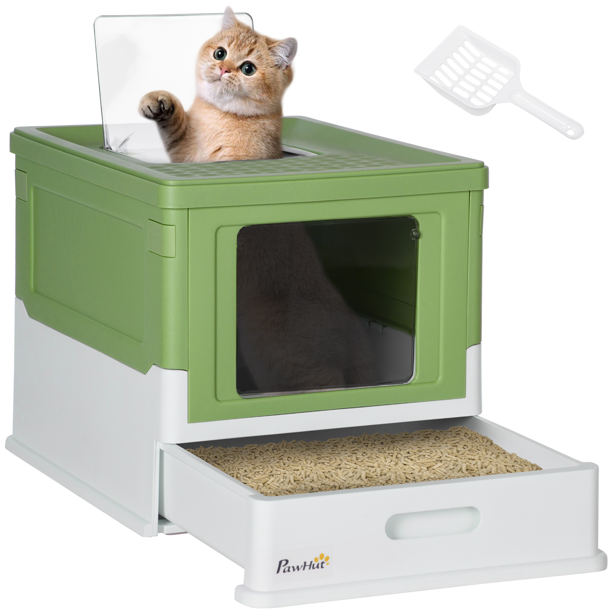 PawHut Arenero para Gatos, Caja de Arena para Gatos Plegable, con Bandeja Extraíble, Tapa, Pala, Fácil de Limpiar, Control de Olores, Antichapotones, para Raza Pequeña y Mediana, Gris y Blanco
