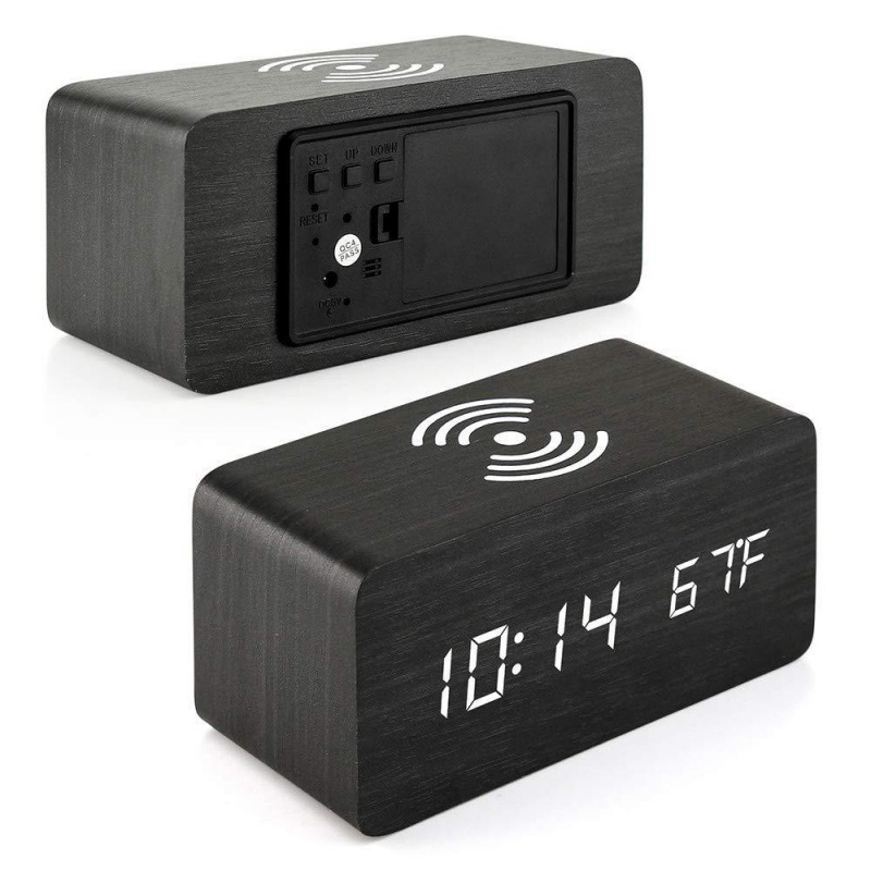 OmHo Reloj de Alarma digital with Cargador inalámbrico Pantalla de temp de Reloj de Alarma de escritorio LED, Negro-Negro