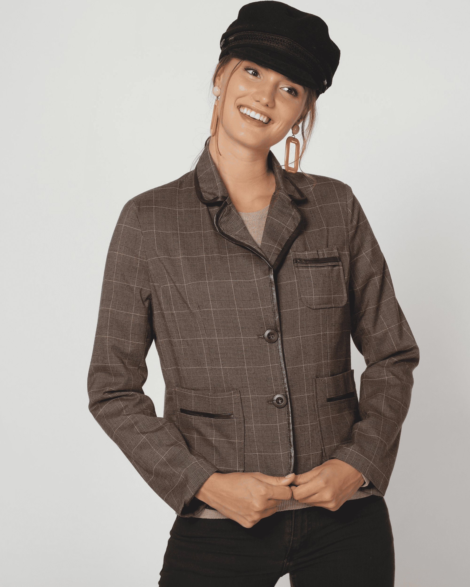 Blazer mujer, chaqueta cuadros, abrigo corto lana mixta, manga larga, corte recto, bolsillos, cuello clásico, cierre botones, color marrón, talla L, moda elegante, versátil, cómoda, ideal oficina ✅Entrega 24/48h