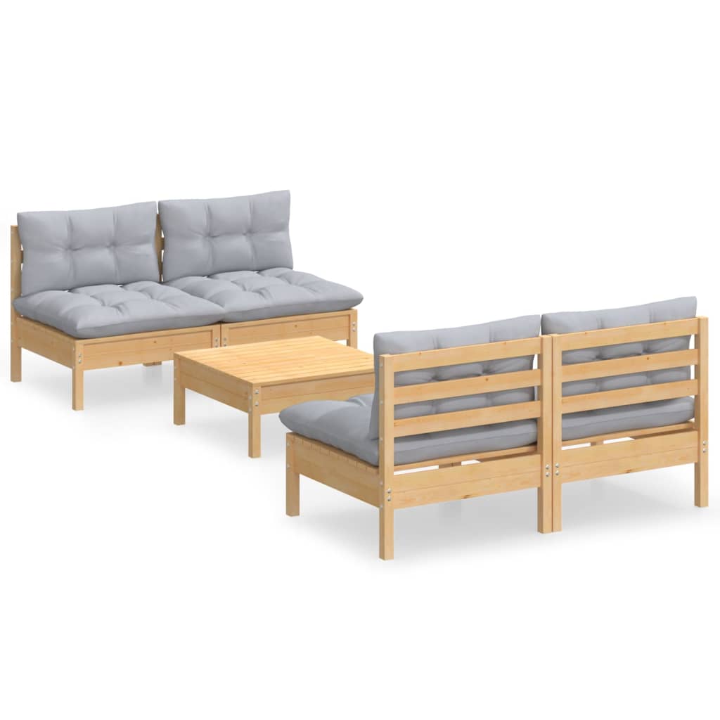 vidaXL Juego de muebles de jardín 5 pzas y cojines madera pino gris