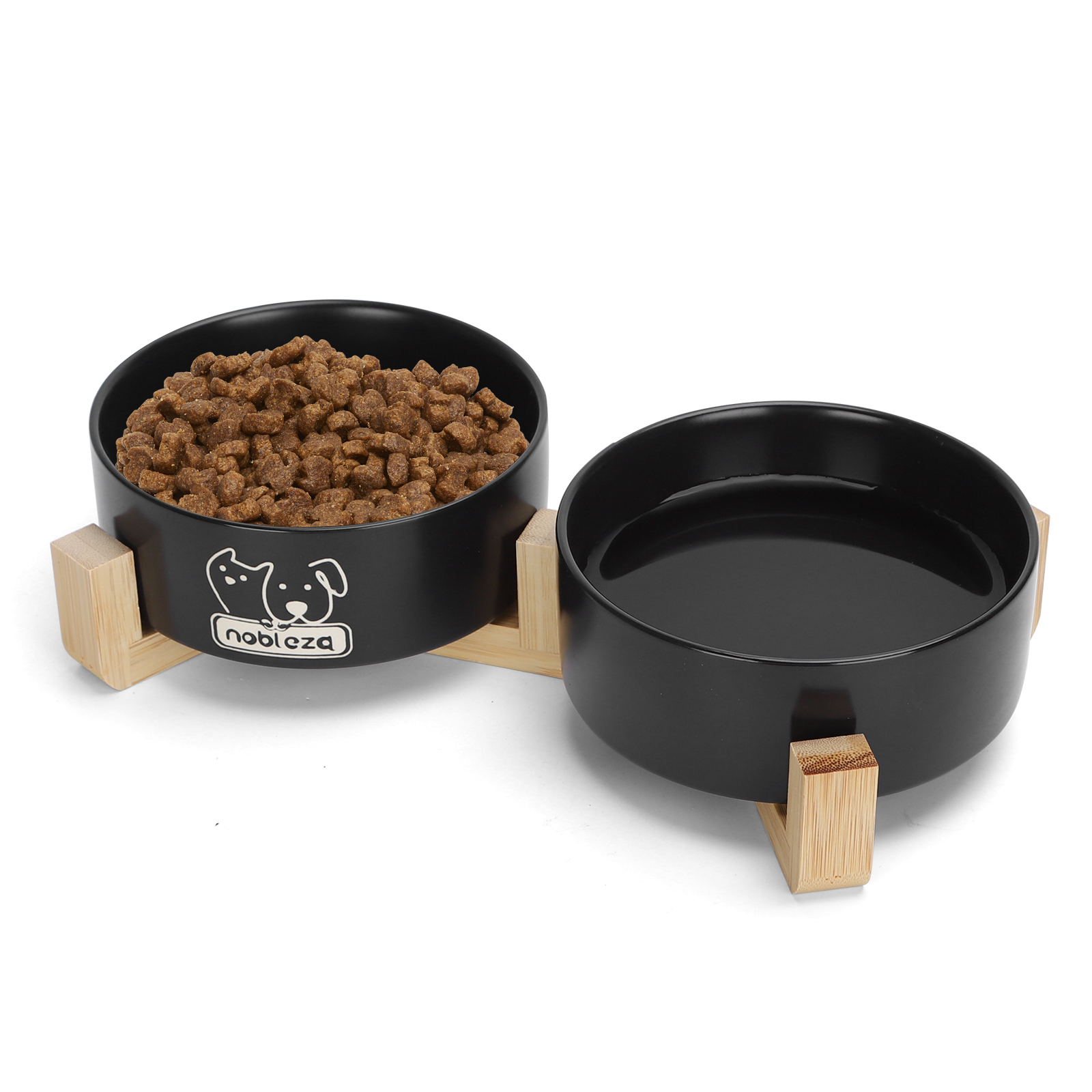 Nobleza Comedero Gato Perro 2 x Comedero Gatos de Ceramica con Soporte de Bambú, Antideslizante, para Gatos y Perros Pequeños