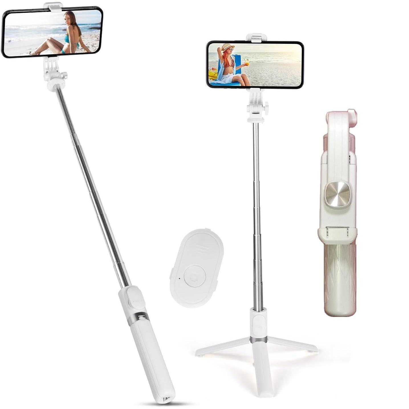 Palo Selfie Trípode, Trípode para Movil, Mini trípode de palo de Selfie para mesa, Mini Extensible 4 en1 Selfie Stick de Aluminio con Mando a Distancia Inalámbrico, Trípode Portátil, Soporte Giratorio de 360° para movil.