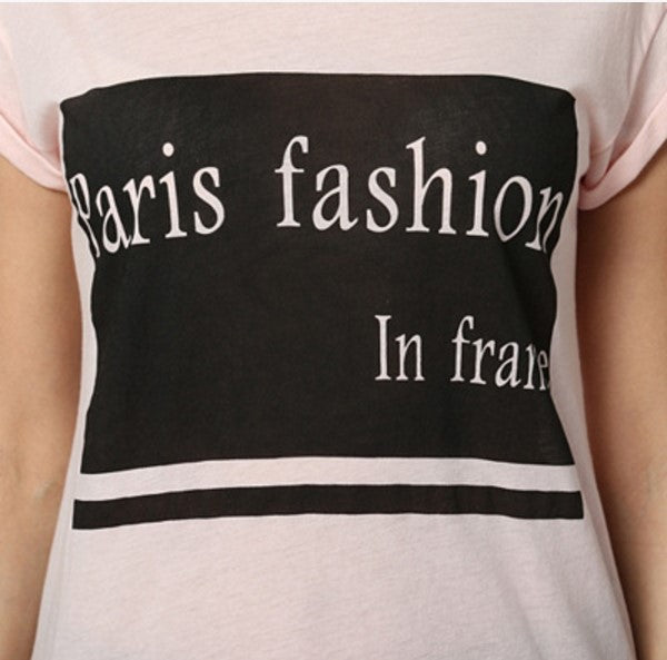 Camiseta mujer, t-shirt, top manga corta, diseño estampado Paris fashion, costuras vistas, cuello redondo, algodón, cómoda y versátil, talla L, color rosa claro ✅Entrega 24/48h