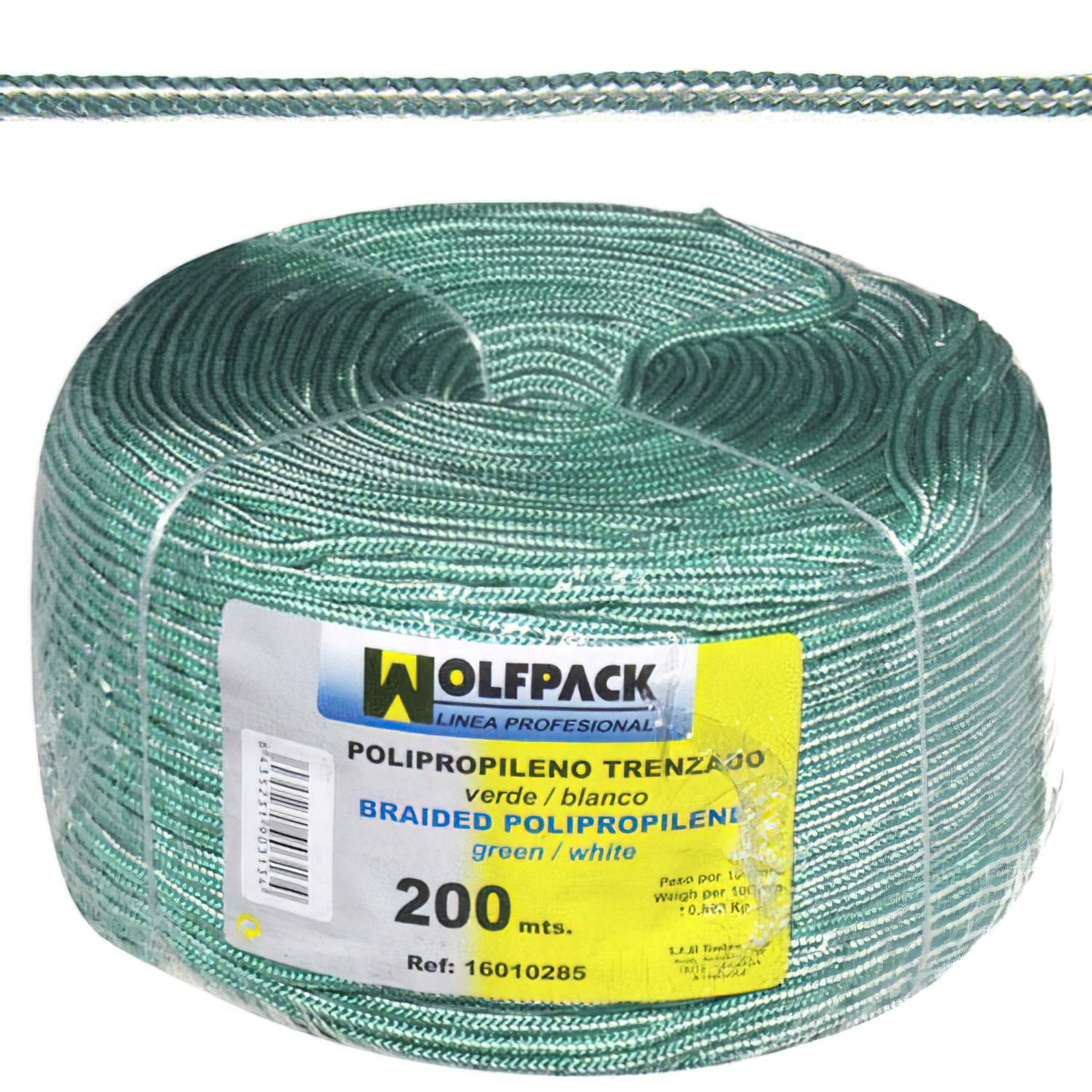 SANCO STORE - WOLFPACK LINEA PROFESIONAL Cuerda Trenzada Polipropileno Blanca / Verde (Bobina 200 m.)