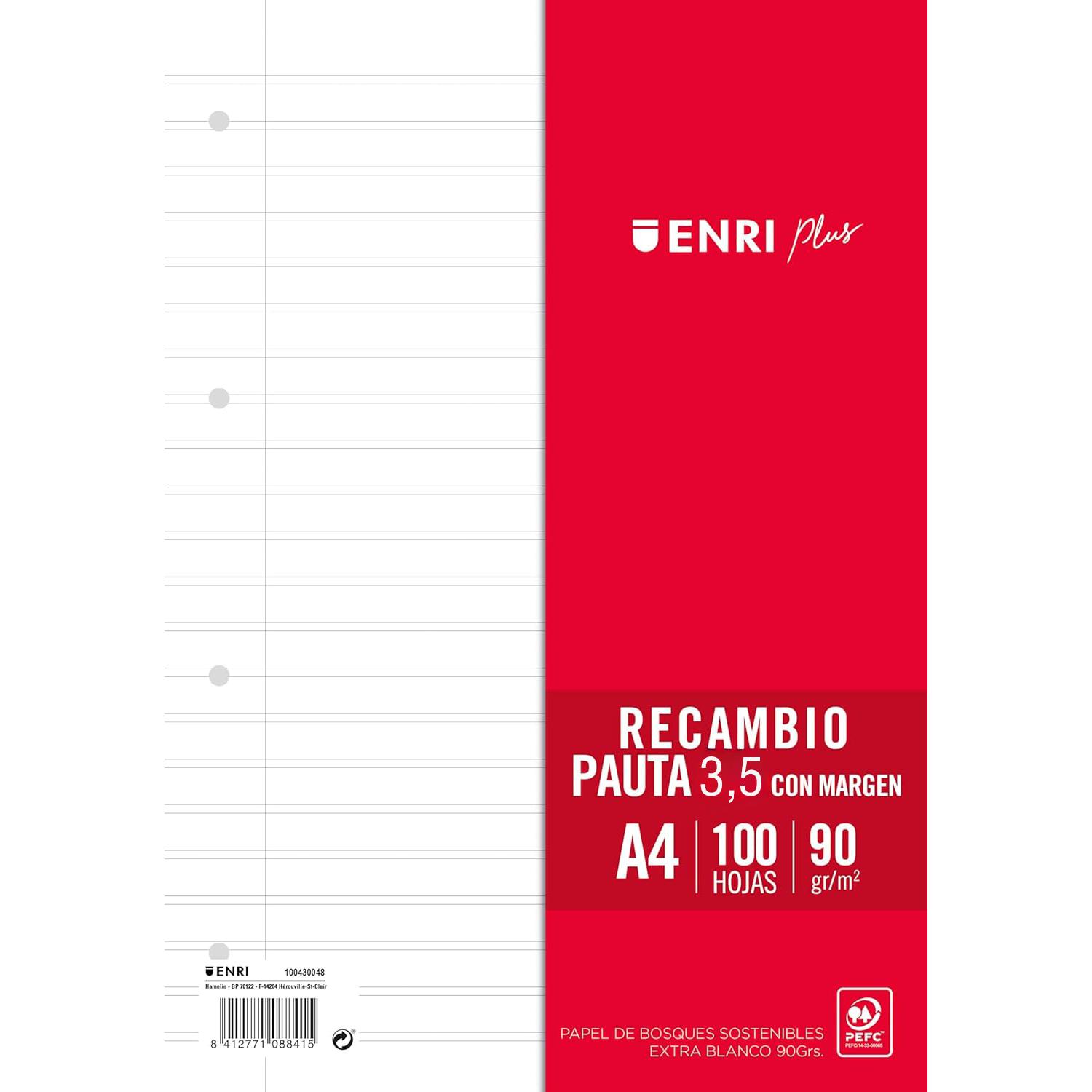 Pack 2 Recambio A4 90 g/m² Cada una de 100 Hojas con 4 Taladros – Disponible en Pauta 3,5 mm con Margen Doble Línea,1 Linea o Cuadriculado, Papel Extra Blanco Resistente para Carpeta Anillas, Colegio, Instituto y Oficina