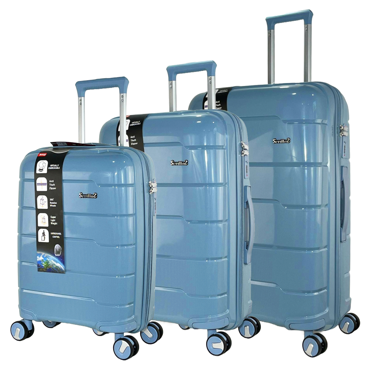 Conjunto de Maletas de Viaje SEVILLAS: Carcasa polipropileno, Cerradura TSA, 8 Ruedas Giratorias 360°, Asa Telescópica