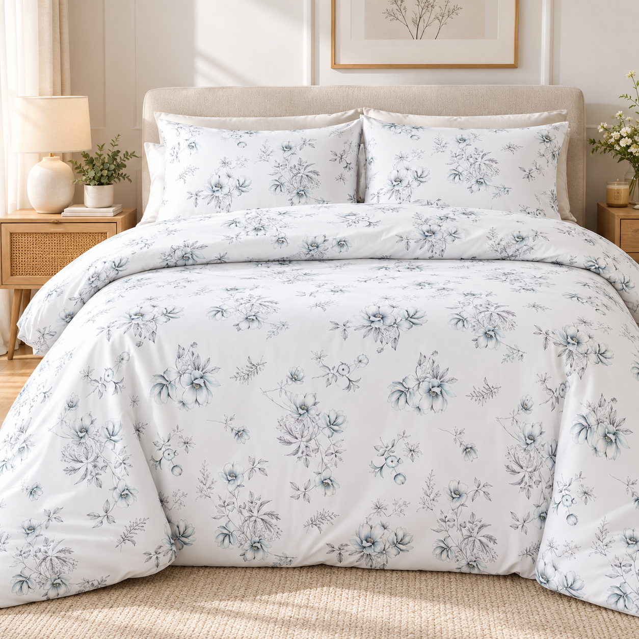 Juego de Funda Nórdica 4 Piezas con Diseño Floral, Incluye Funda de Edredón con Cremallera, Sábana Bajera Ajustable y 2 Fundas de Almohada, Juego de Cama Suave y Cómodo para Cama 135/150 cm