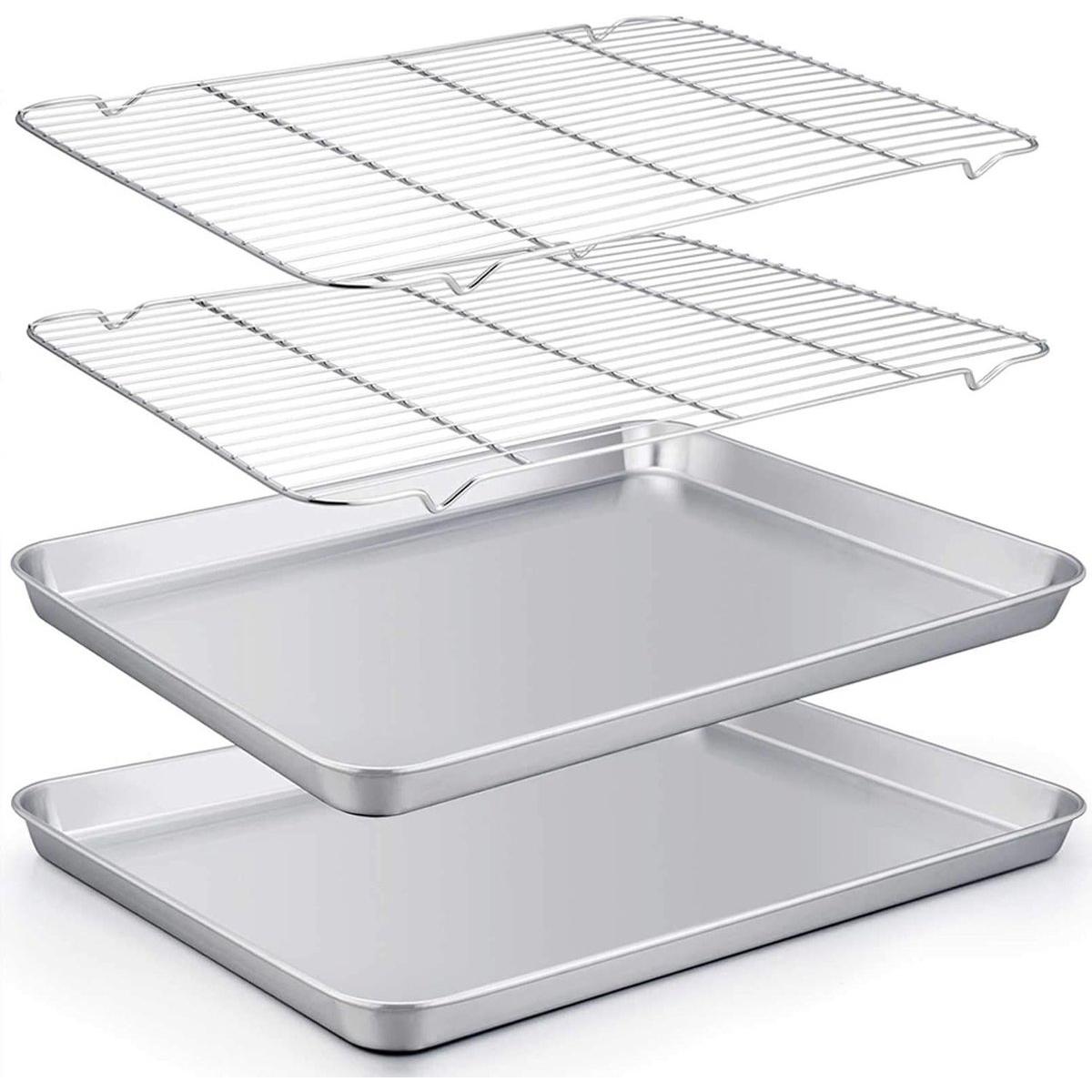 Om Home Bandeja plana de acero inoxidable para hornear - 26,5 x 20,5 x 2,5 cm - Tamaño M - Juego de 4 piezas - Bandeja cuadrada para hornear - Rejilla de enfriamiento - Bandeja multifuncional para hornear - Bandeja para horno - Incluye rejilla y bandeja p