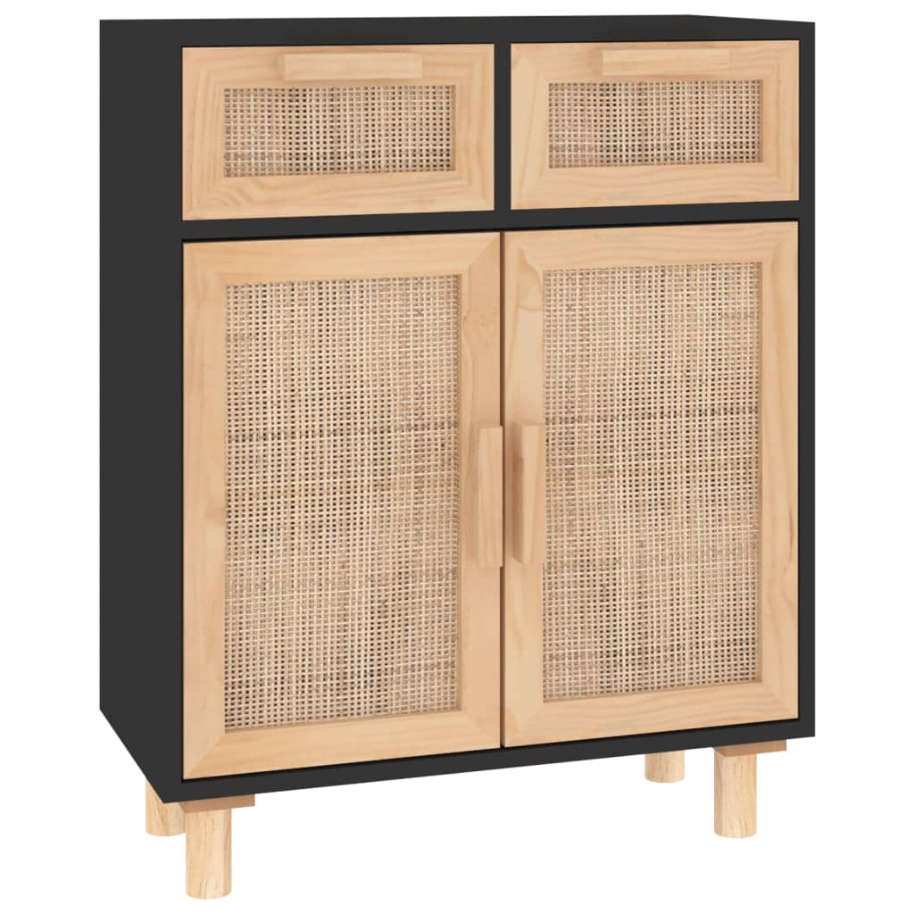 vidaXL Aparador negro madera pino maciza y ratán natural 60x30x75 cm