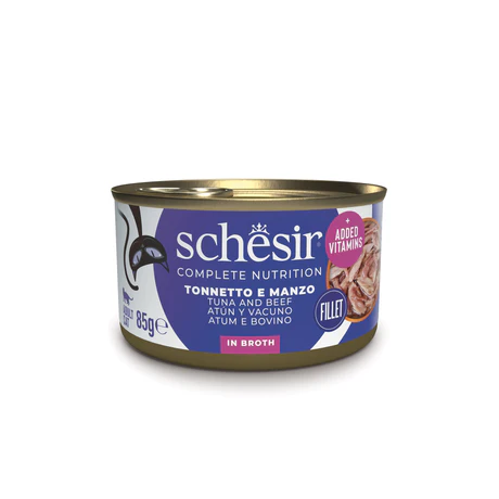 Schesir Atun Y Vacuno con Arroz al Natural - Comida Humeda Completa para Gatos - 12x85 g