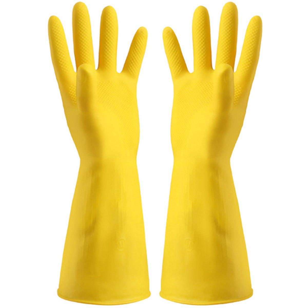 Reusable Household Cleaning Gloves, Rubber Dishwashing Gloves, Extra Thickness, Long Sleeve, geel
