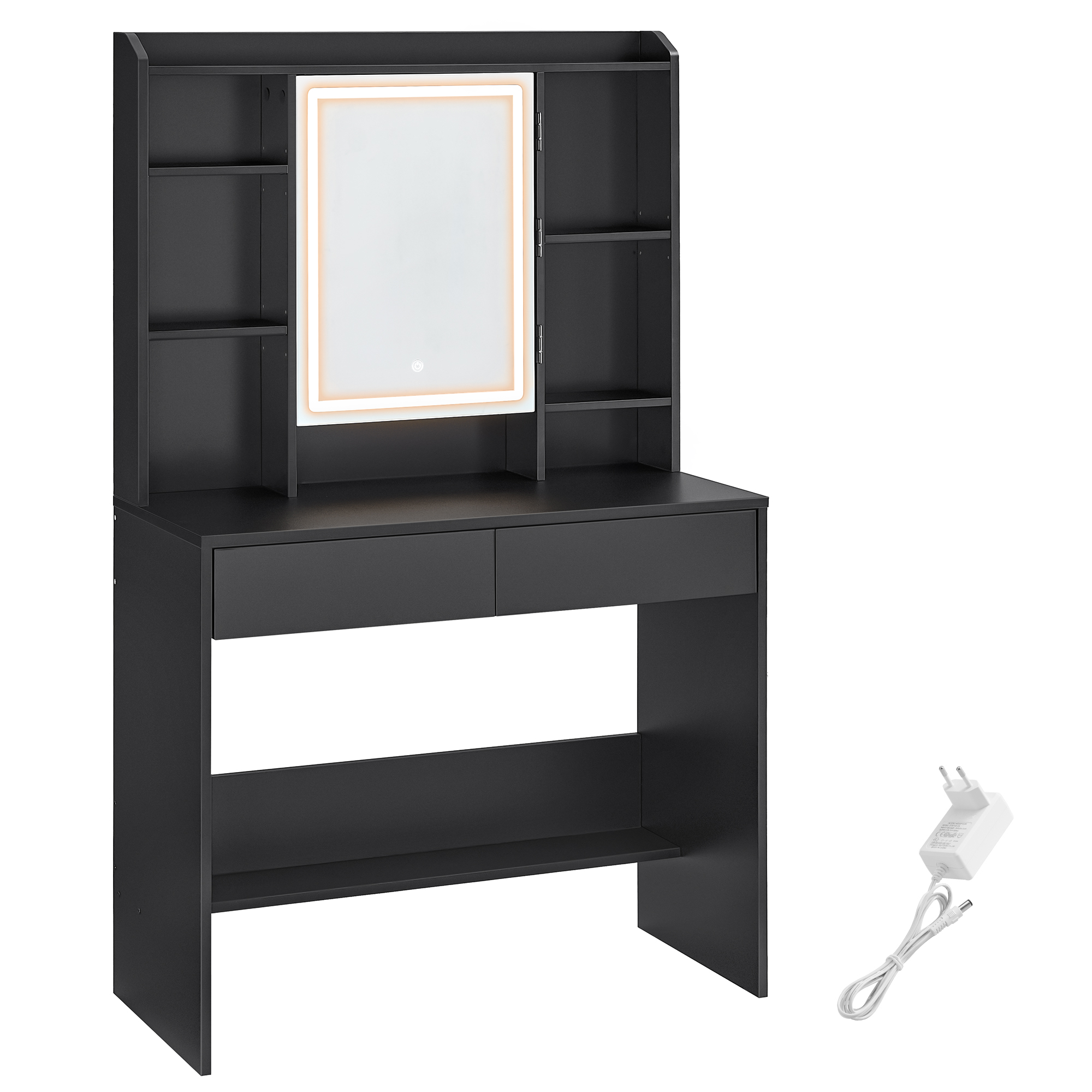 VASAGLE Tocador con Luces LED de 3 Colores con Brillo Ajustable, Mesa de Maquillaje con Espejo, Espacioso, Estantes Ajustables, 2 Cajones, Mesa de Maquillaje, Estilo Moderno, Negro Tinta/Blanco Nube(Este producto se envía en dos paquetes),Regalo de Navida
