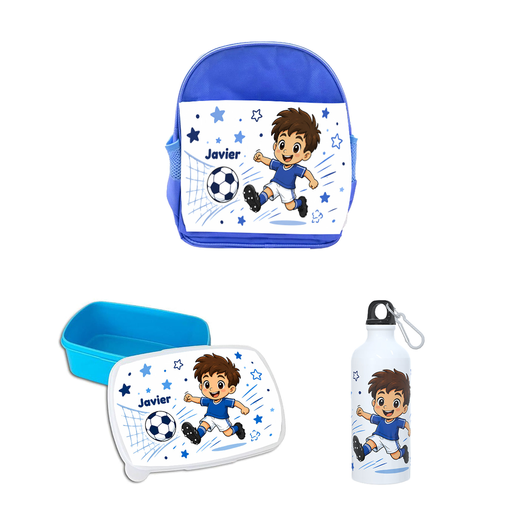 Pack Mochila Infantil Personalizada Niño con Nombre, Fiambrera y Botella  para Colegio – Diseño Fútbol. Conecta+y+compra