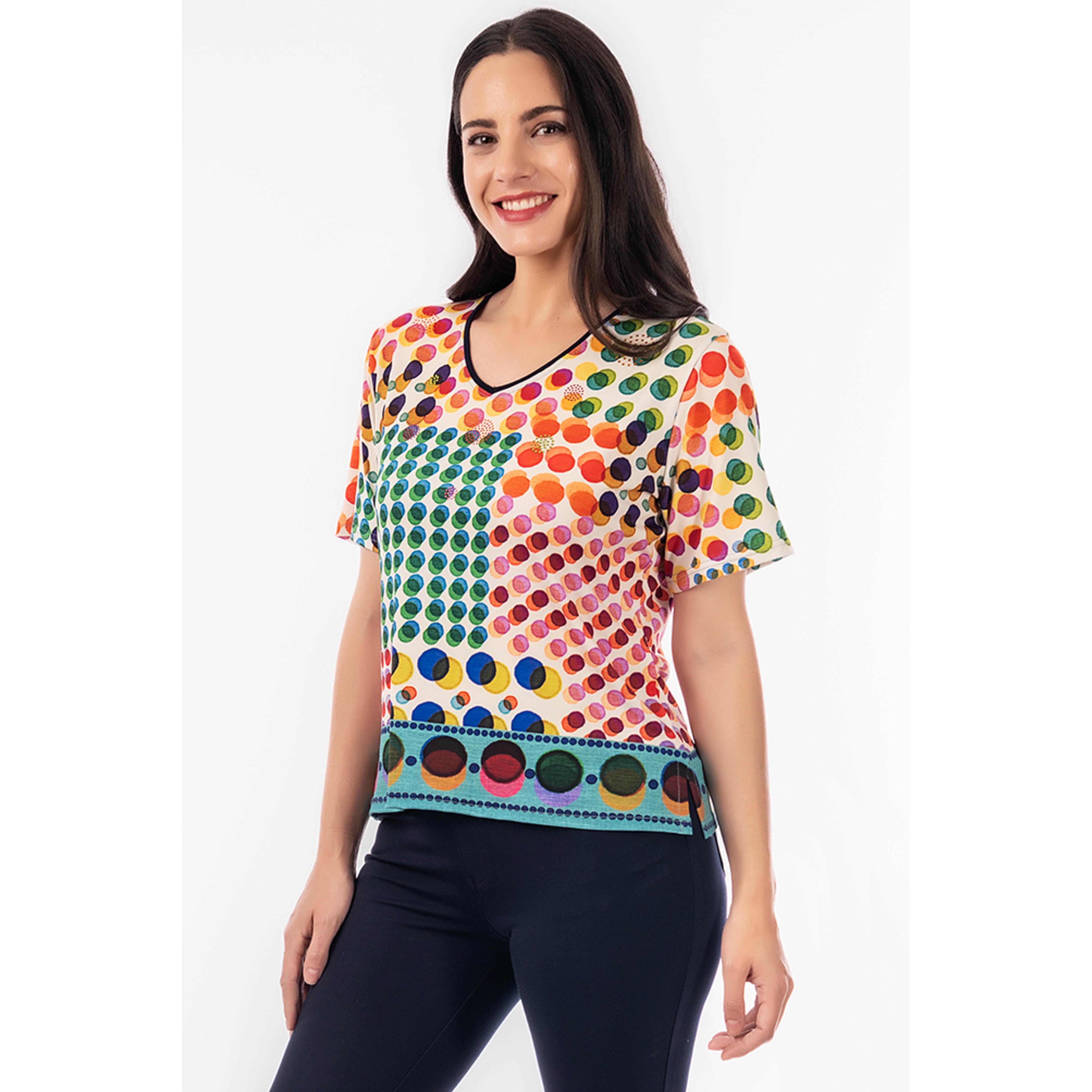 Camiseta de Mujer Estampada Manga Corta con Escote en Pico- Masquenada
