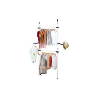 CA Perchero telescópico de 2 barras y 2 postes para ropa, organizador de armario, barra de tela, de acero inoxidable, altura ajustable de 281 a 329 cm.