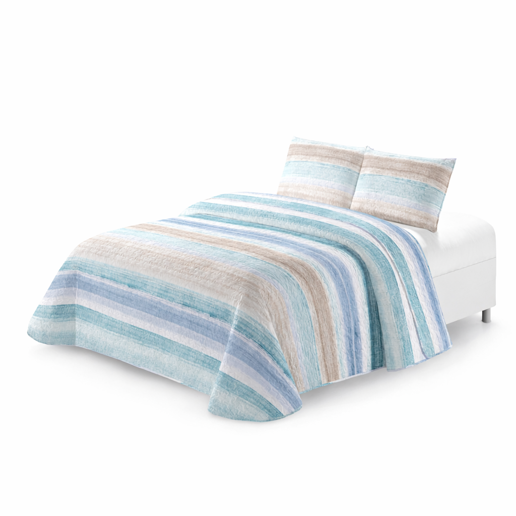 🛏️ Colcha Bouti Acolchada Ligera a Rayas – Rayas Azul y Beige