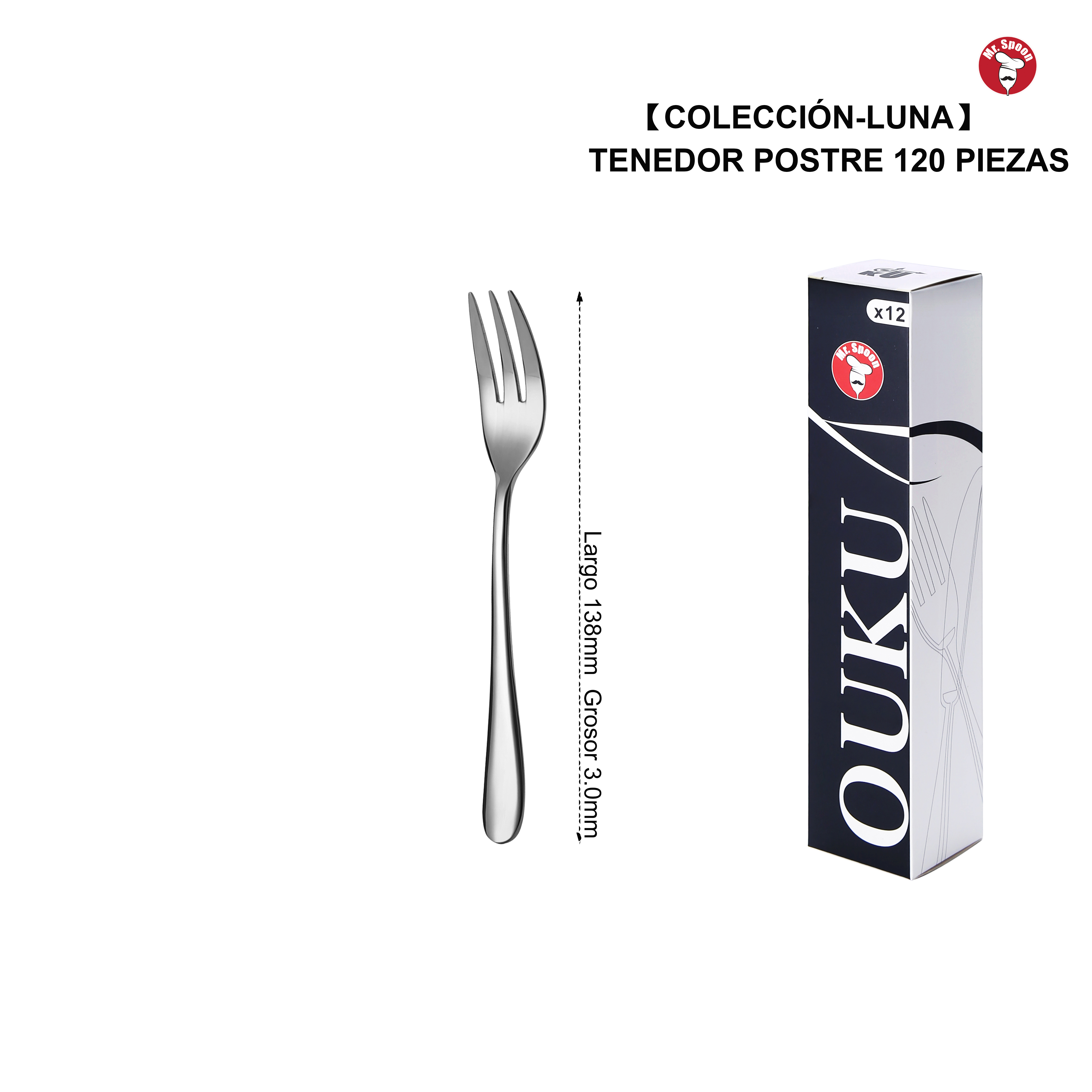 Mr.Spoon Serie Luna Tenedores 12, 48 o 120 piezas,Acero inoxidable 18/10,Alta calidad y acabado,Tenedor de mesa largo 204mm,tenedor fruta 185mm,tenedor postre 138mm,Mango monobloque,Apto para lavavajillas,Caja ecológica,Ideal para casa,hotel,restaurante