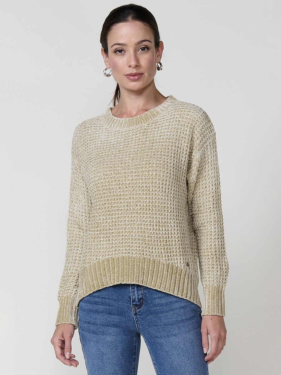 Koroshi - Jersey de punto chenilla 100 % poliéster para mujer, escote redondo y manga larga, modelo 2522TR00 en beige, gris o granate
