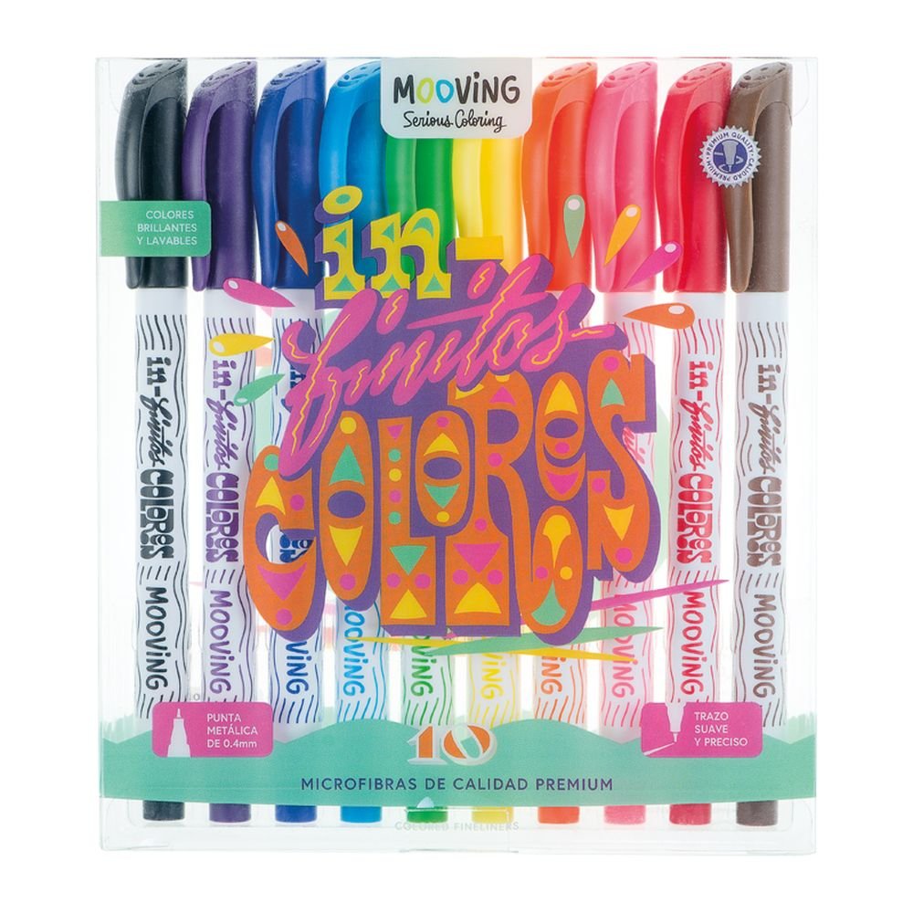 MOOVING SET 10 ROTULADORES MICROFIBRAS TRAZO SUAVE TINTA BASE AGUA COLORING 1x14x15 Cms.
