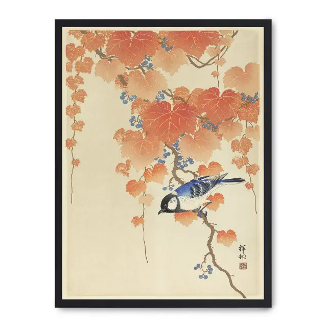 Lámina con marco negro AUTUMN BIRDS 21x30 cm, Póster impreso en papel de primera calidad de 180gr, montado sobre marco de madera MDF acabado en negro., Arte - Japonés