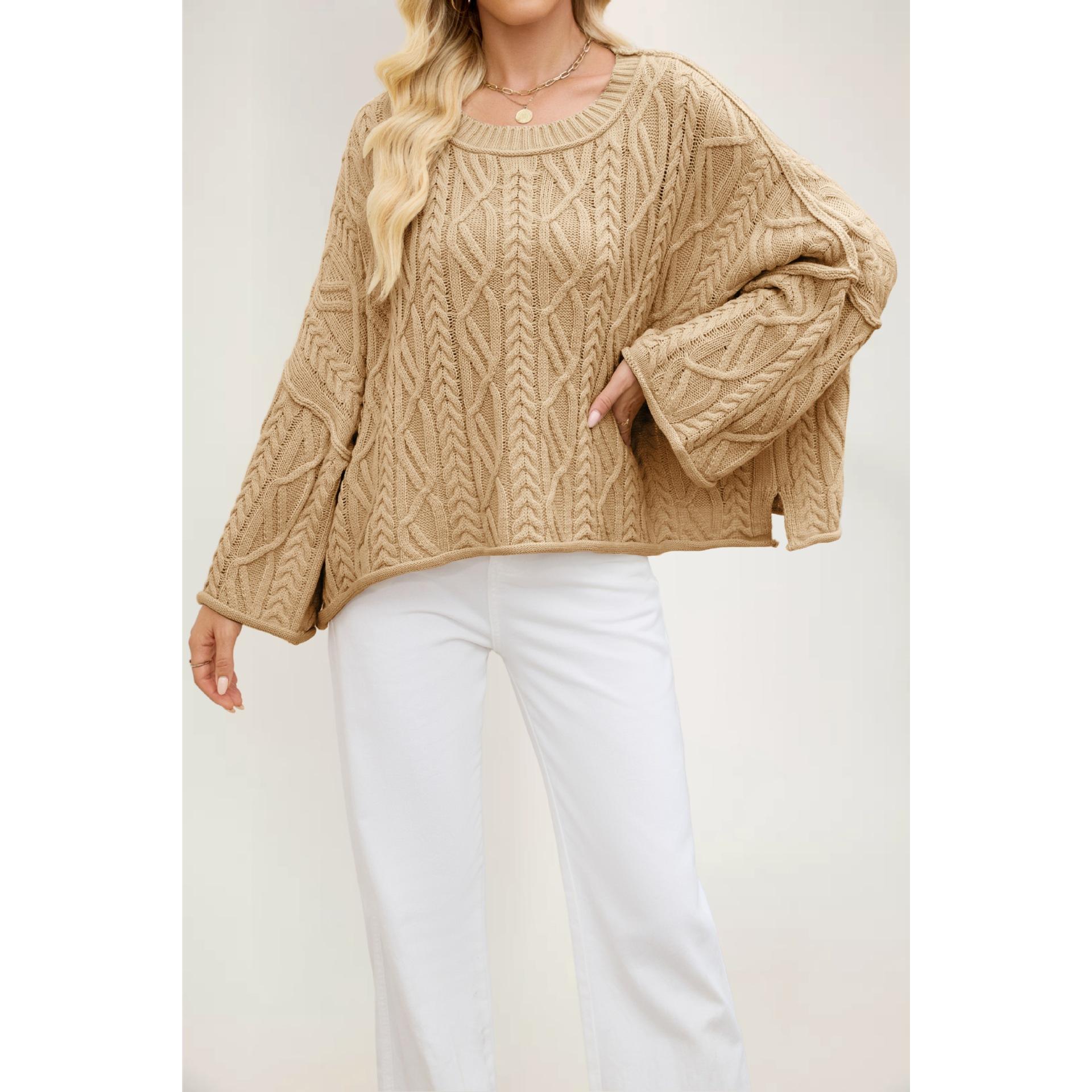 TK Suéter de punto suelto de color liso con cuello redondo y cable corto para mujer de otoño/invierno