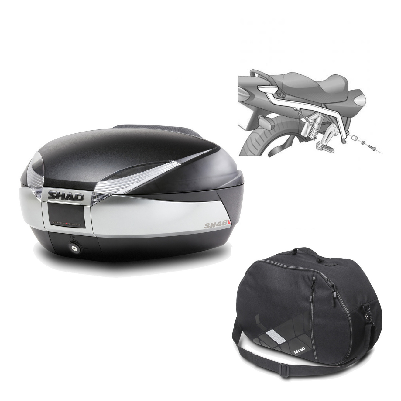 Baul Trasero + Herraje Montaje + Bolsa Interna Sh48 Titanium Premium KIT-185905