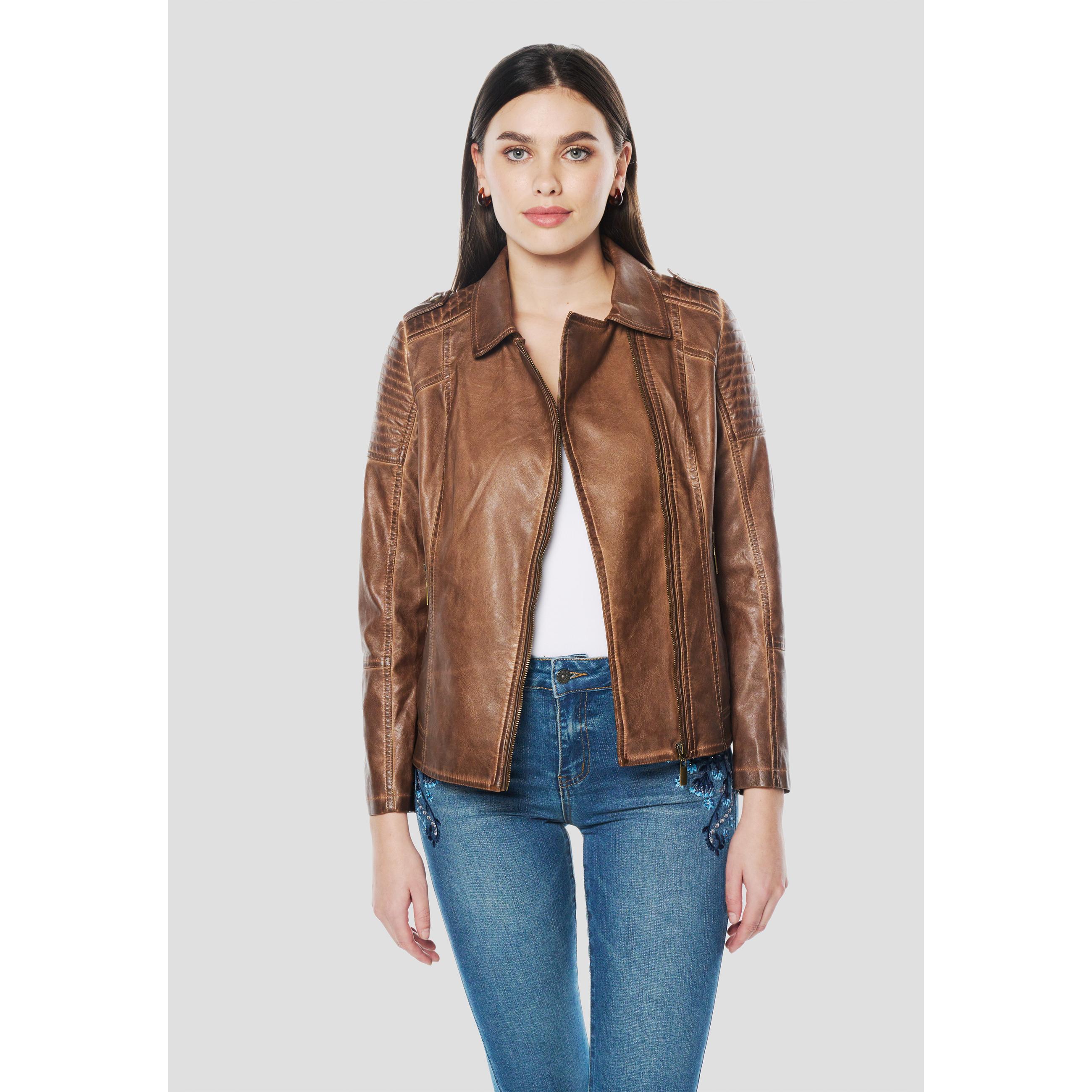 Koroshi - Chaqueta cazadora mujer efecto piel marrón con cuello camisero y cierre central, talla ajustada para entretiempo