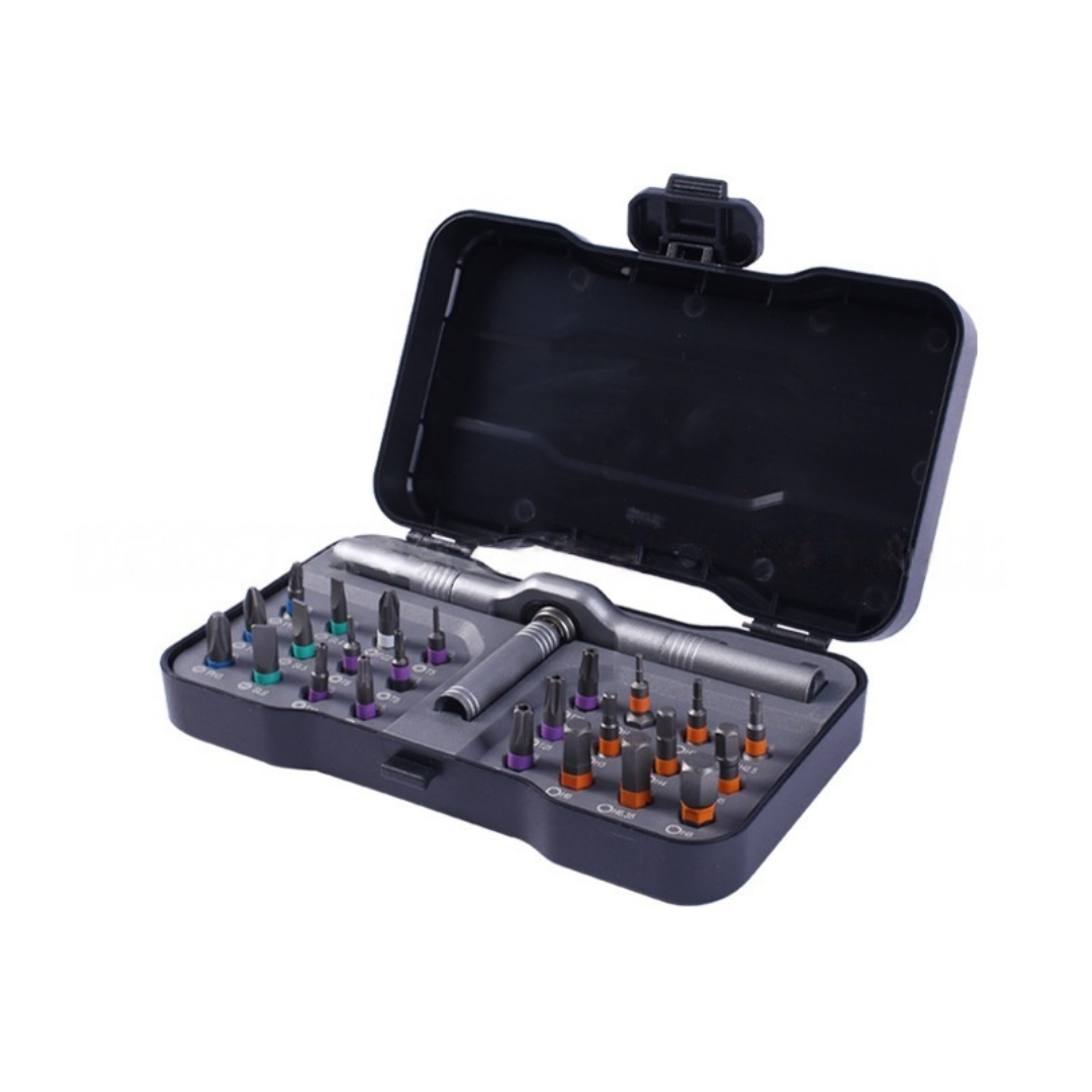 Juego de destornilladores de trinquete con 24 puntas - Mango T negro, multifuncional, portátil, ideal para reparaciones de precisión, fácil de guardar.
