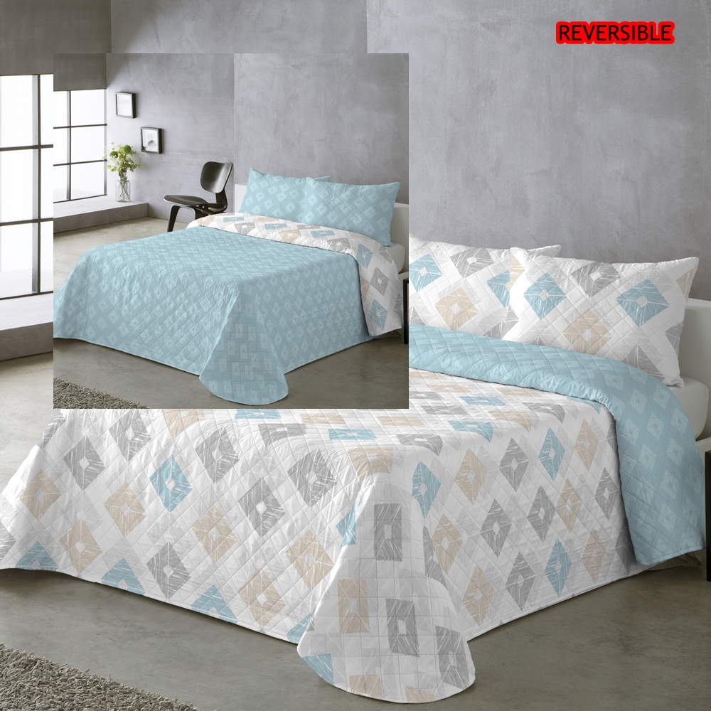 MODA TEXTIL Colcha Bouti Primavera Verano Reversible Color Azul Mod.Rombos Cama 90 ,105,135 y 150  Ligeras y Suaves Incluye fundas de cojín