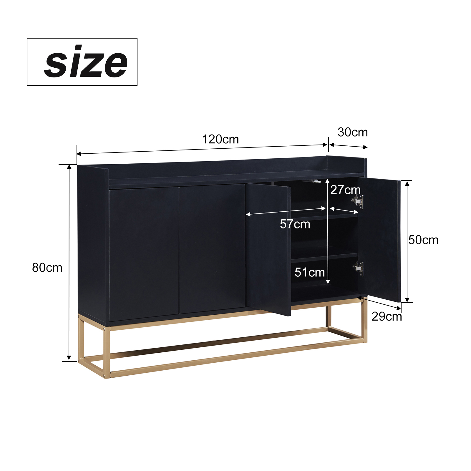 Superaly - Cómoda negro de 120 cm de ancho, mueble buffet moderno con 4 puertas, mueble de cocina con estante ajustable y patas de metal para salón y comedor
