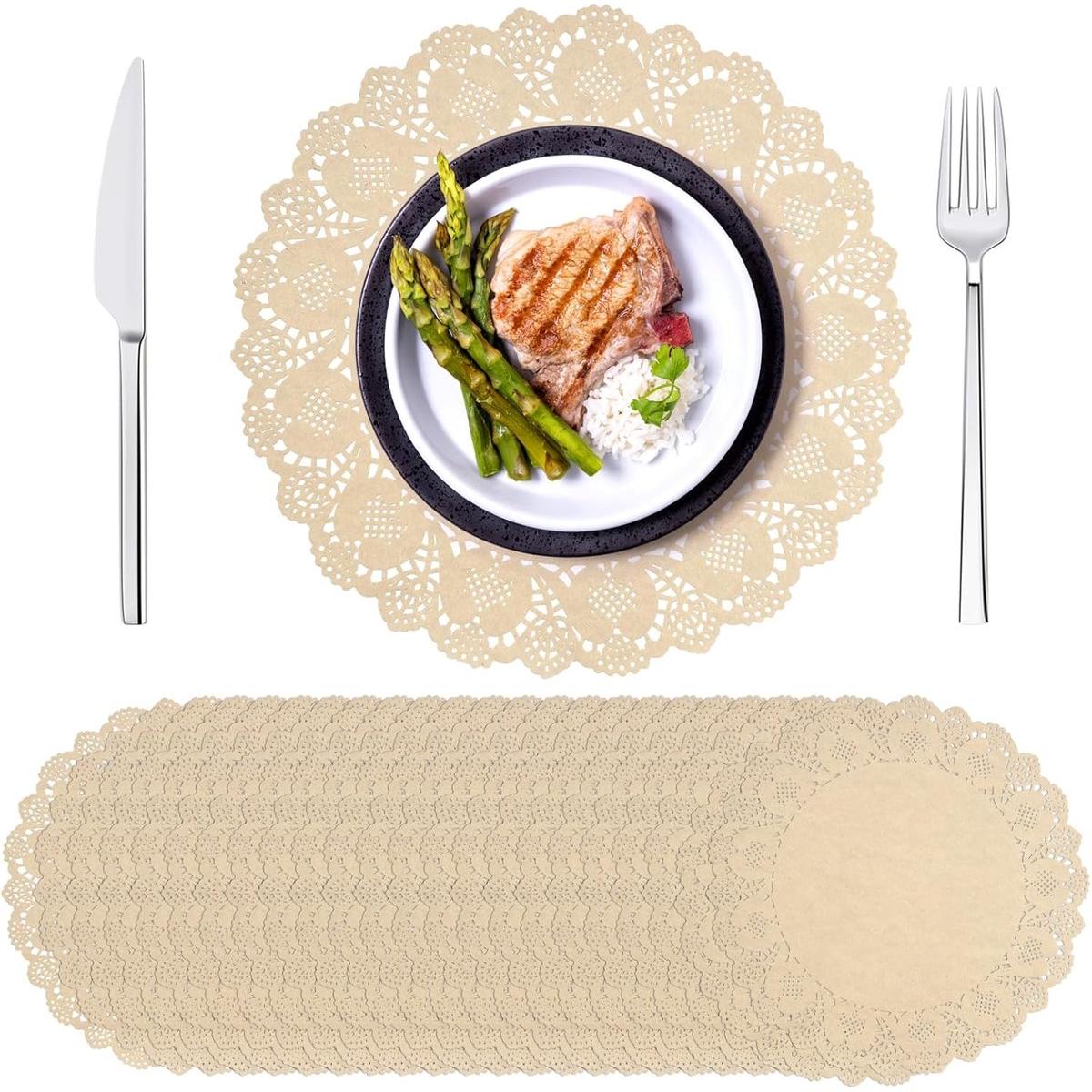 Manteles individuales redondos de papel marrón - 100 unidades - 34 cm - Papel con apariencia de encaje - Manteles individuales desechables - Manteles individuales decorativos para bodas - Ideales para cuencos de postre, decoración de mesa y manteles ind