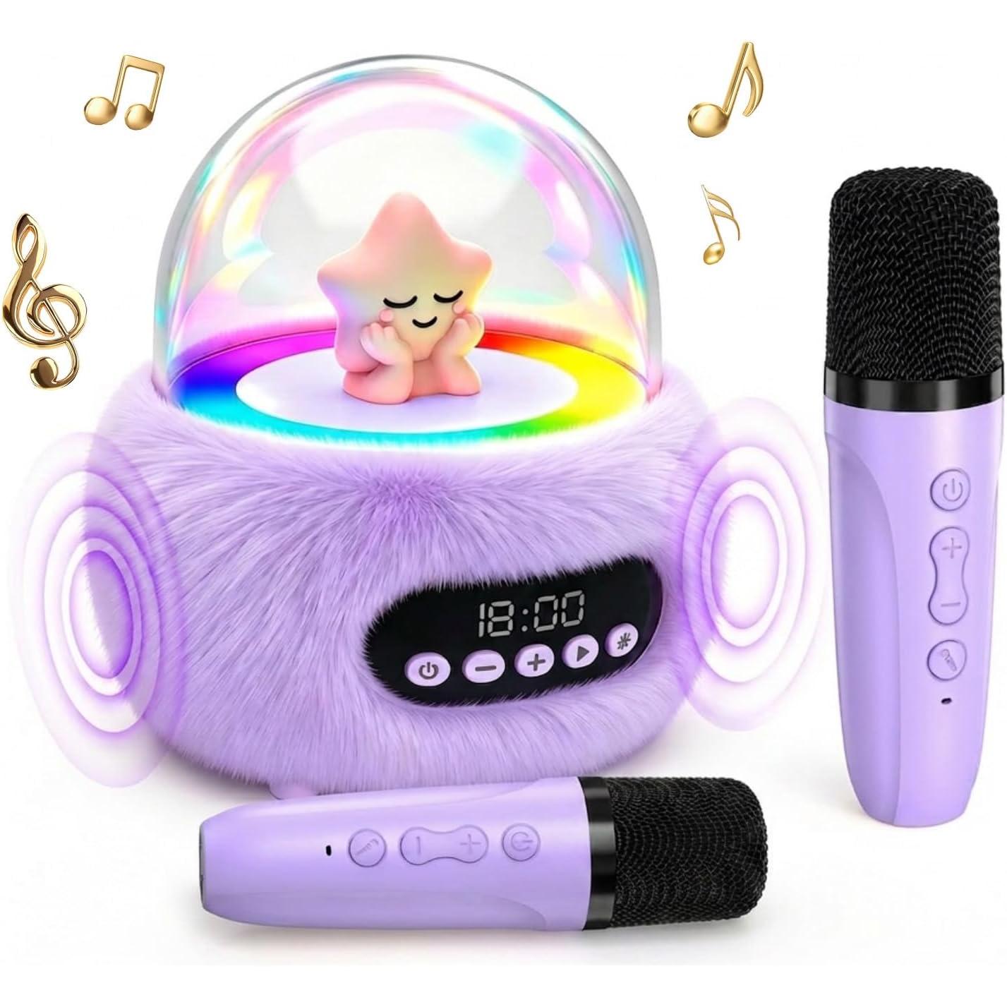 Máquina de karaoke recargable para niños con dos micrófonos inalámbricos.