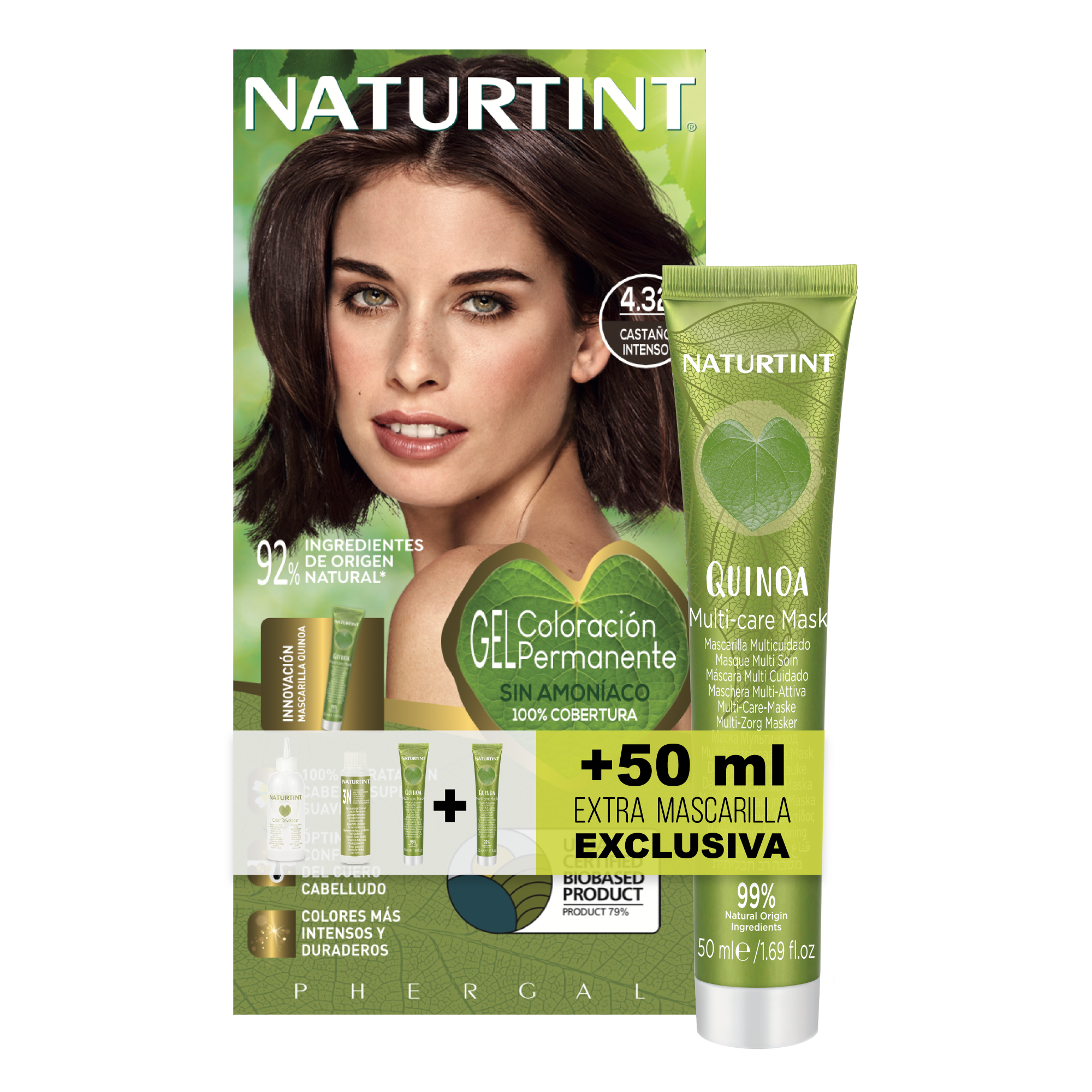 NATURTINT Biobased, Coloración Permanente Sin Amoniaco + Extra Mascarilla 50ml, 100% Cobertura de Canas, Tinte para el Cabello con Ingredientes Naturales, Color Intenso, Natural y Duradero 170ml