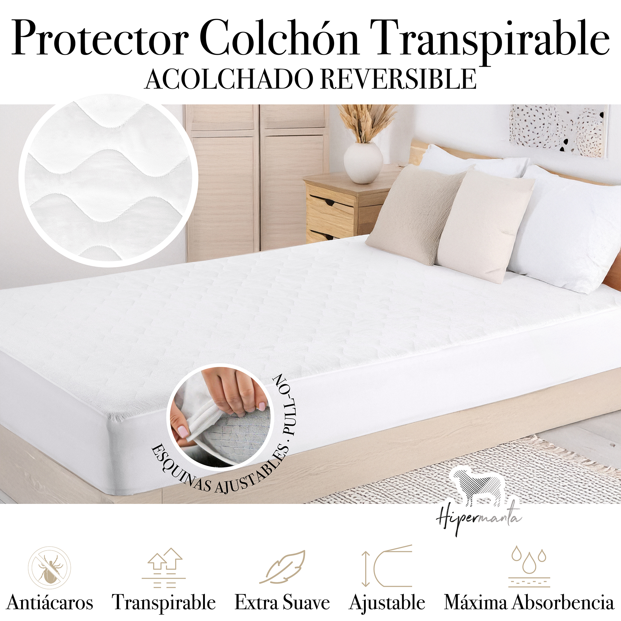 HIPERMANTA. Protector colchón TRANSPIRABLE ACOLCHADO reversible. ANTIÁCAROS, extra suave y ajustable. Color blanco. Disponible en varias medidas.
