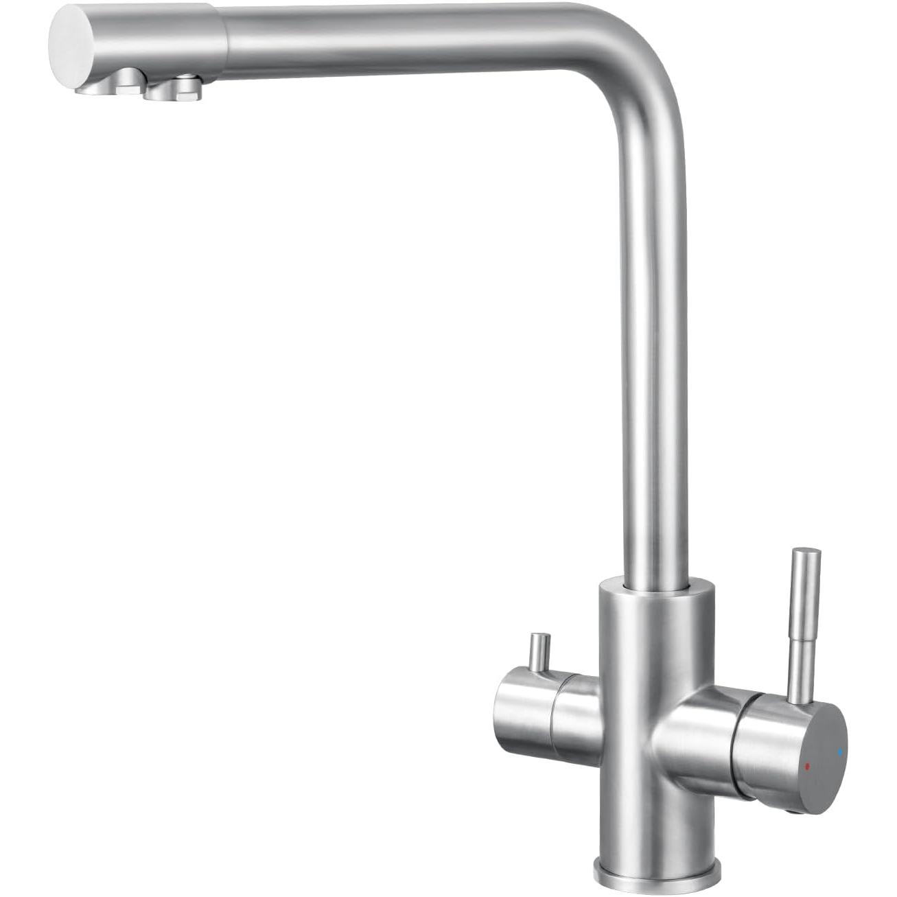 CA Grifo Cocina 3 Vías, Grifo Osmosis with 2 Palancas, Grifo de Cocina Fregadero with Agua Fría y Caliente y Agua Filtrada, Maple Inoxidiable Mango, Giratorio 360 °(Sin Purificador de Agua)