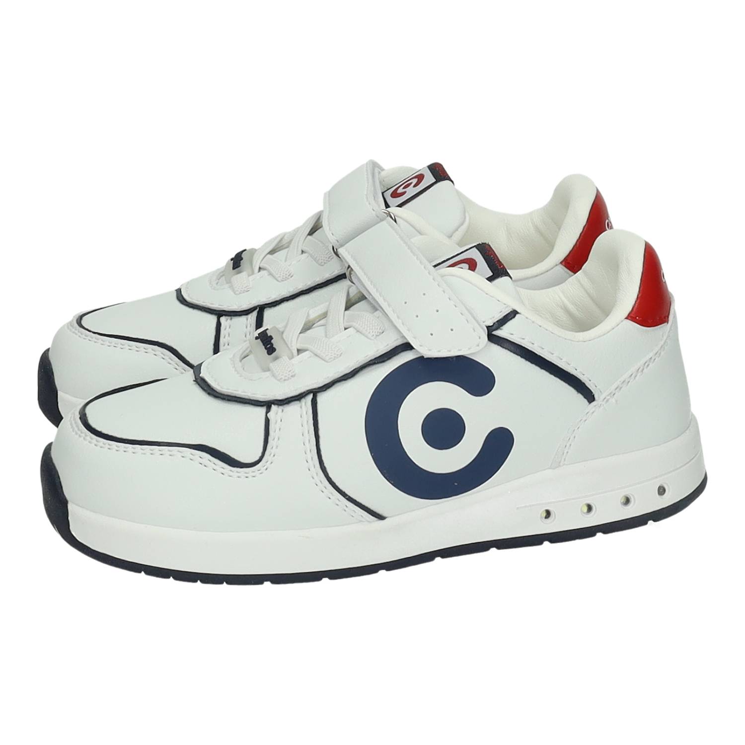 Deportivos marca CONGUITOS para niño en color blanco-azul. Zapatillas deportivas blancas para niño con luces laterales y cinta textil adhesiva