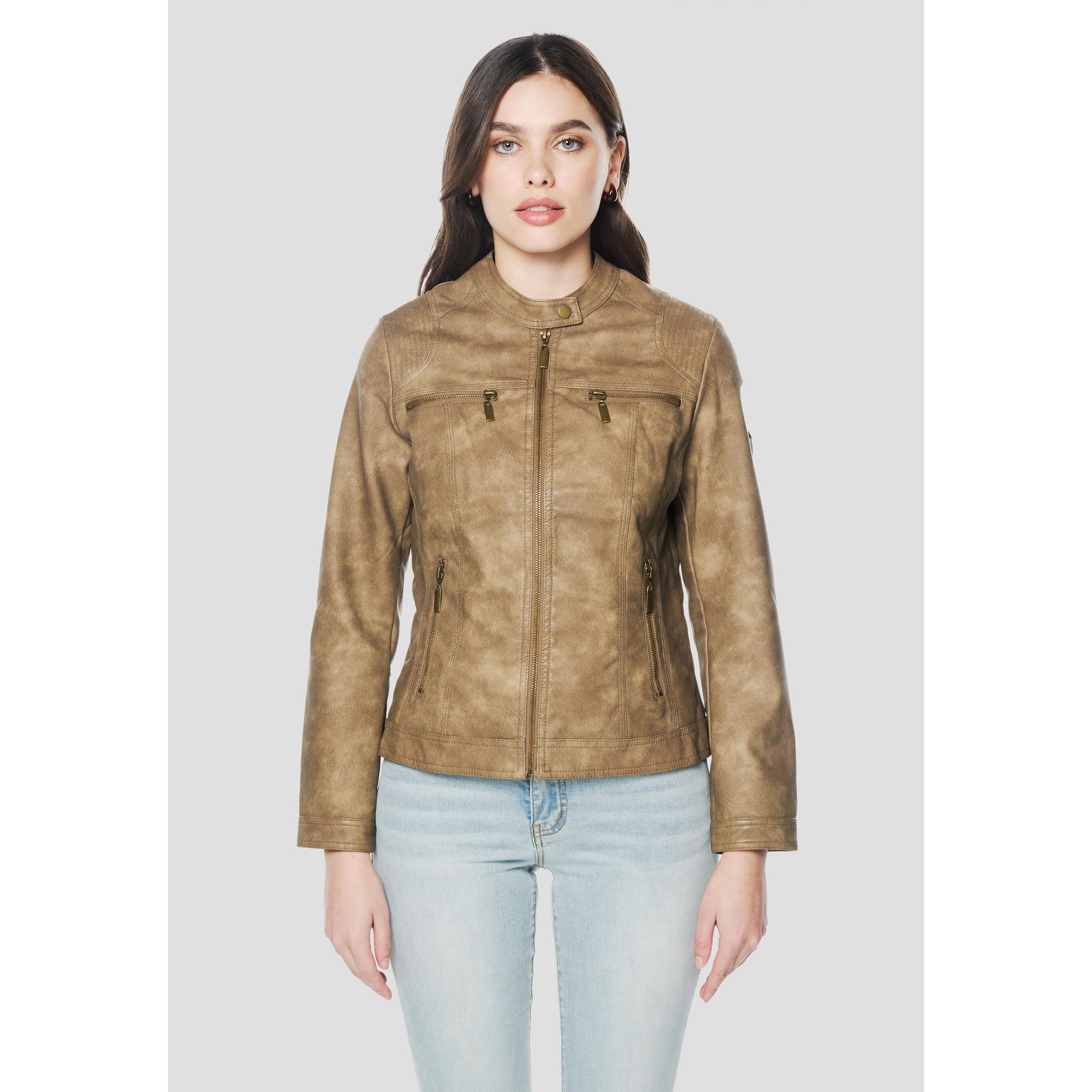 Koroshi - Cazadora mujer efecto piel nobuck entallada con cuello mao y cremallera frontal, estilo sofisticado para looks casuales o elegantes