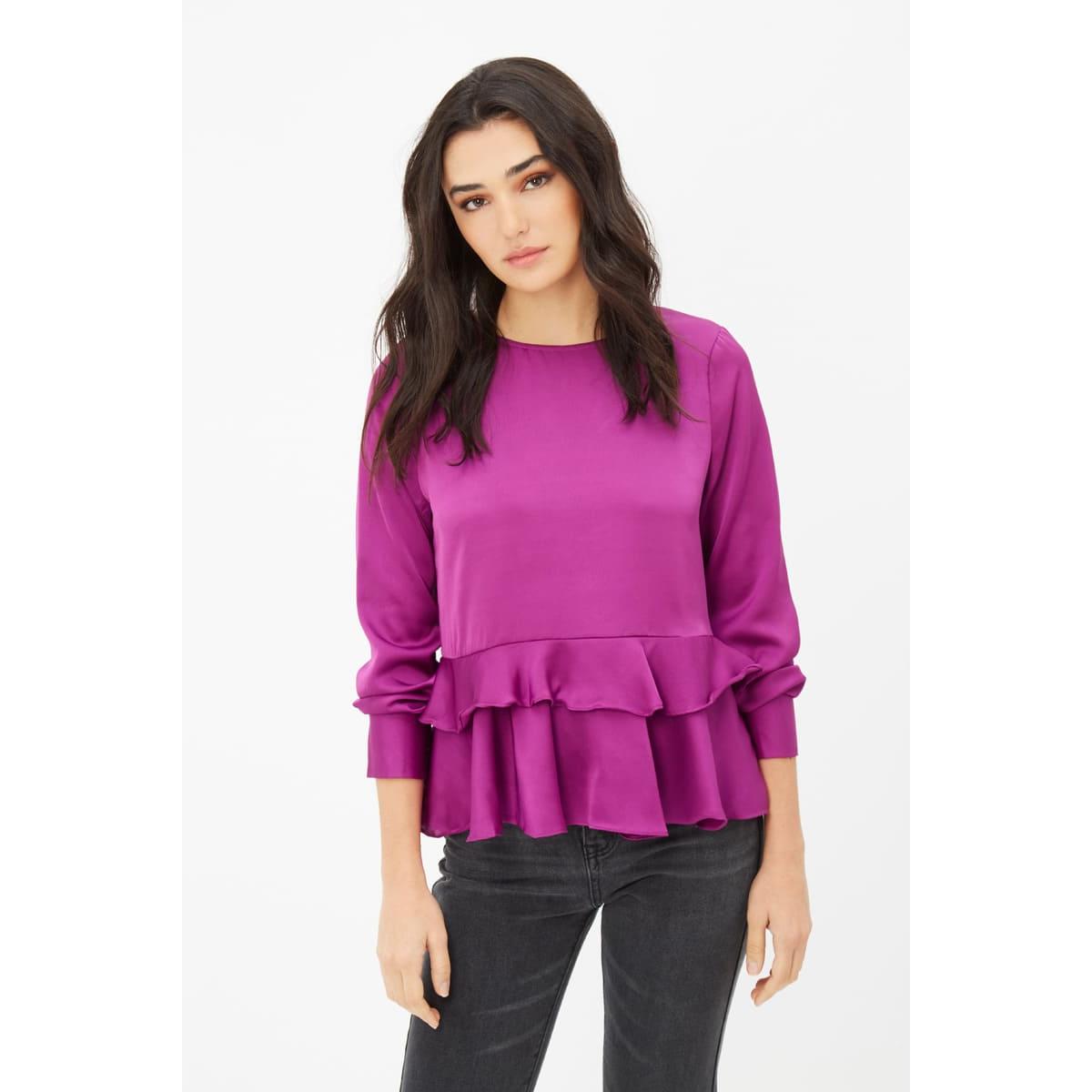 Blusa mujer elegante satén volantes, shirt top satinado, manga larga, corte regular, tejido suave, color fucsia, talla 38, cómoda y sofisticada, ideal oficina o casual ✅Entrega 24/48h