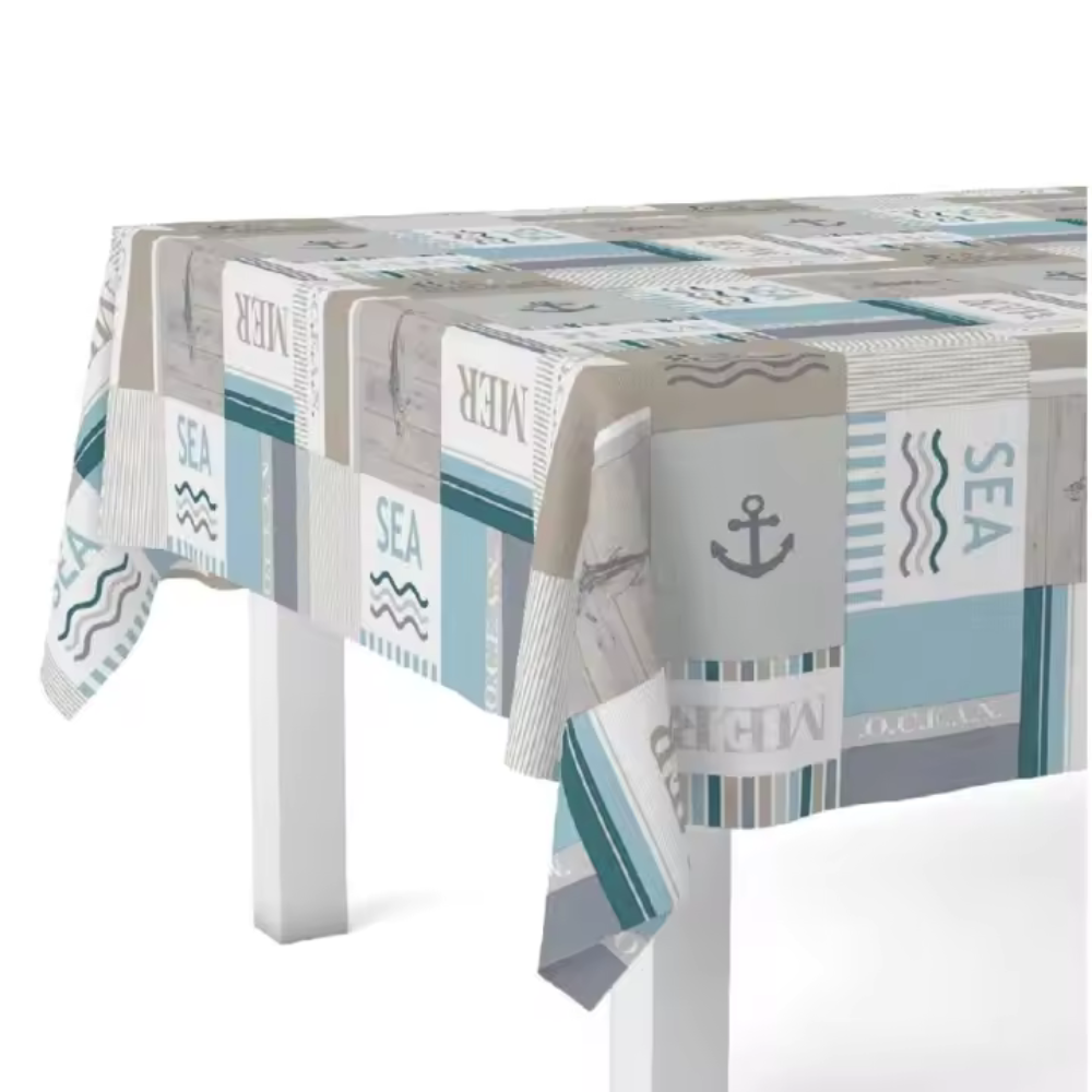Mantel Hulehule Tex - Hule Estampado Anti manchas Fácil Limpieza Marítimo con Peces Azules Sobre Fondo Beige - LAMER