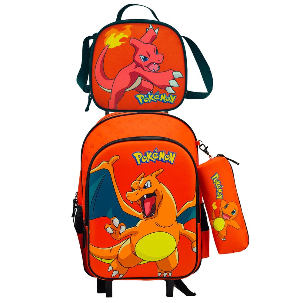 Sets de Mochilas Trolley Pokémon Charizard, con Carro Extraíble, Portatodo y Bolsa Portameriendas a Juego, Ligeros y Resistentes, para Colegio y Viaje, Regalo Infantil