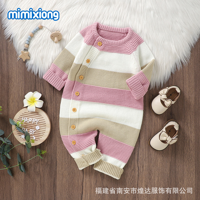 OmHO Nuevo mono de una pieza de punto a rayas para bebé de otoño e invierno, mono de un solo pecho para niño y niña