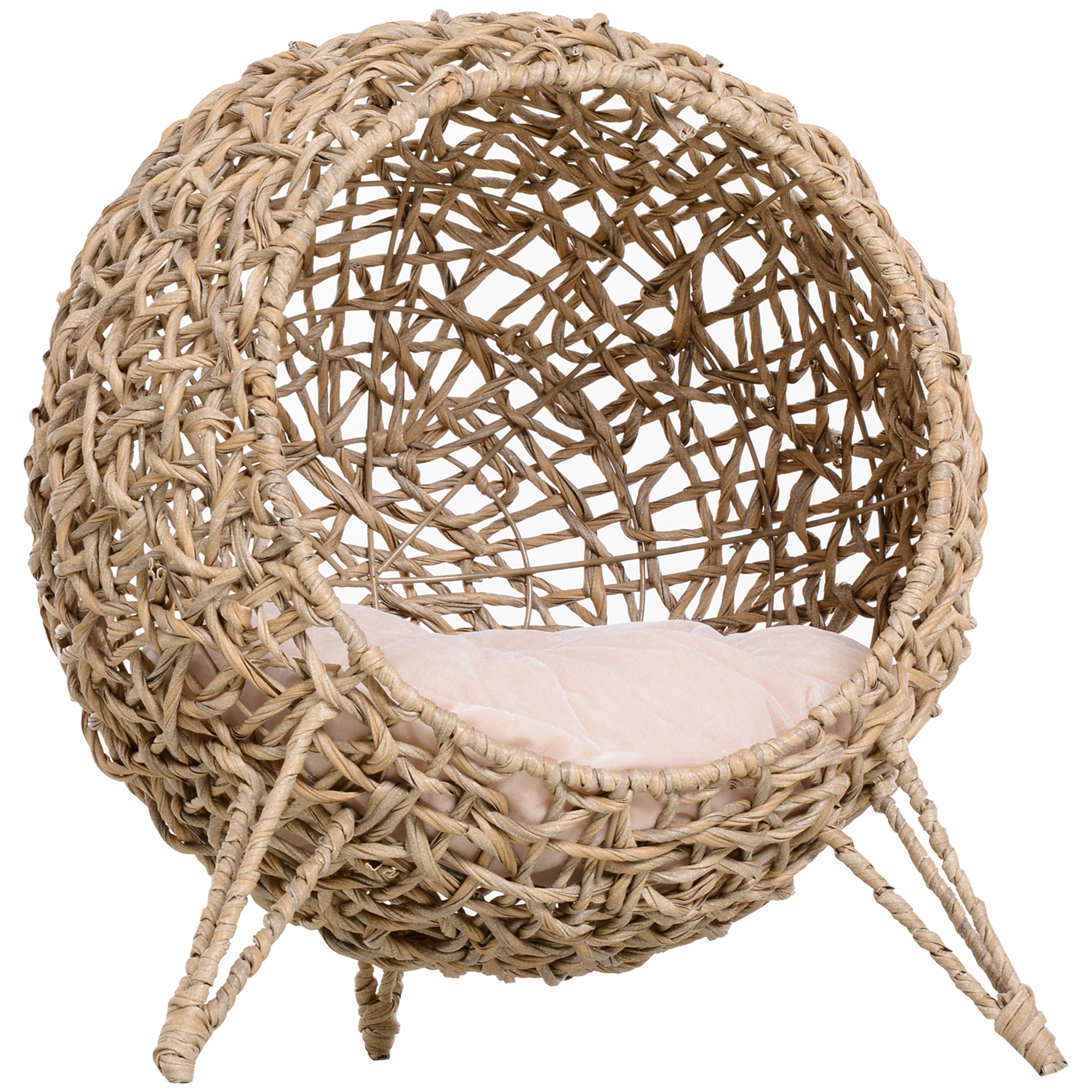 PawHut Cama Cueva de Ratán para Gatos o Mascotas Pequeña con Base Trípode Cojín de Felpa y Algodón Suave Diseño Elevado Estable Φ52x58 cm Gris
