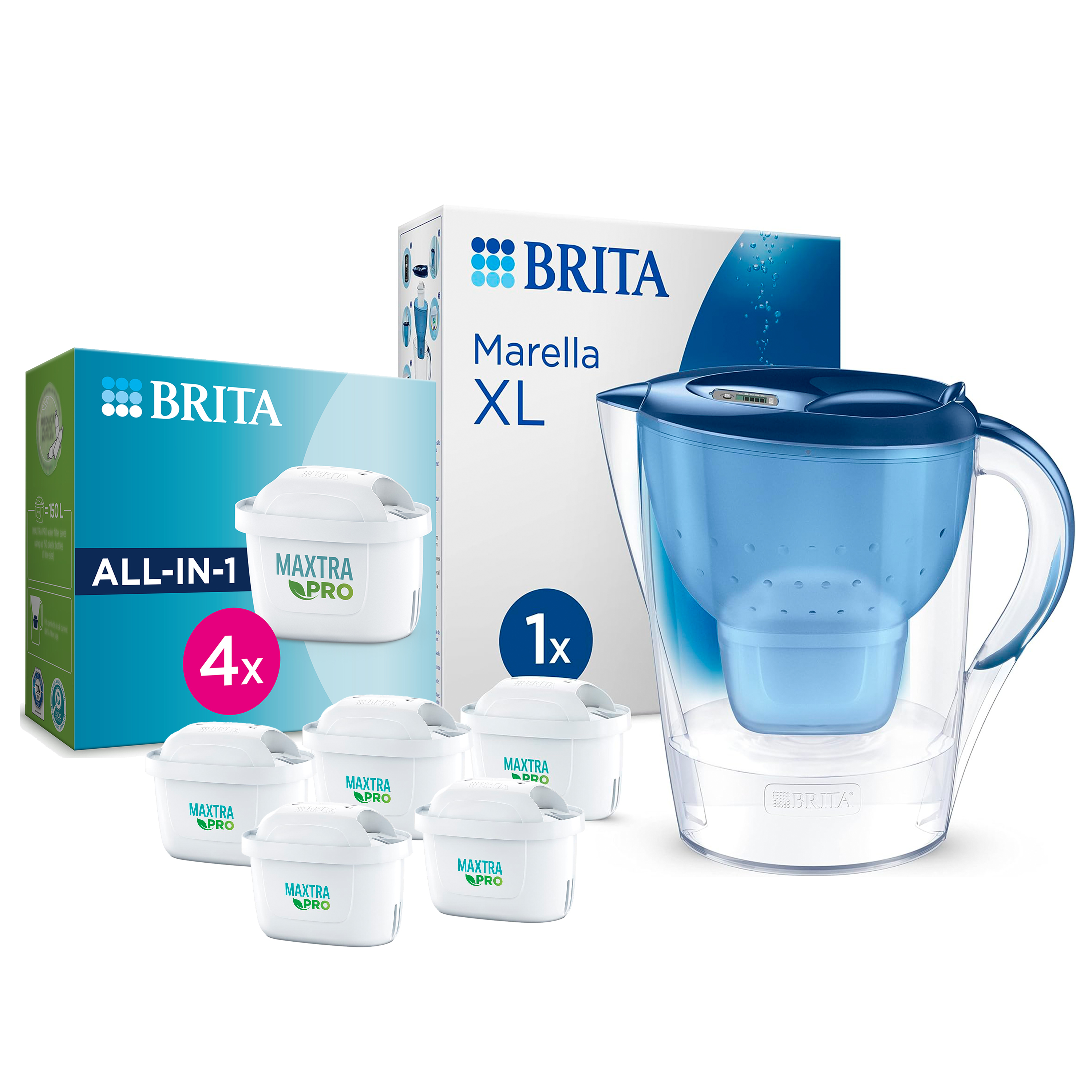 BRITA Jarra Filtrante, Modelo Marella XL + 5 Filtros MAXTRA PRO | Capacidad 3,5L | 150L agua filtrada | Sin BPA | Apta lavavajillas | Indicador Memo | Reduce cal, cloro y metales | Diseño sostenible