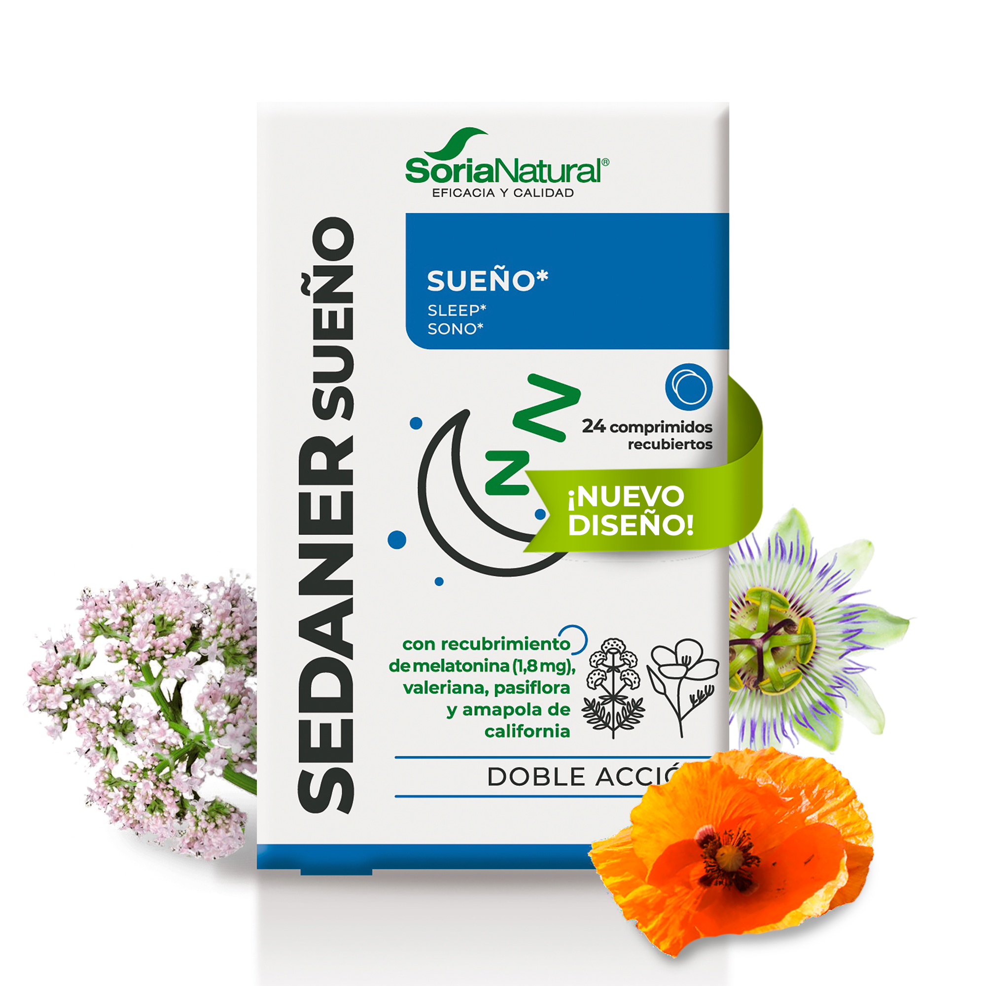 Soria Natural Sedaner Sueño Comprimidos - Melatonina, Amapola, Pasiflora, Valeriana - Efecto relajante - 24 comrpimidos