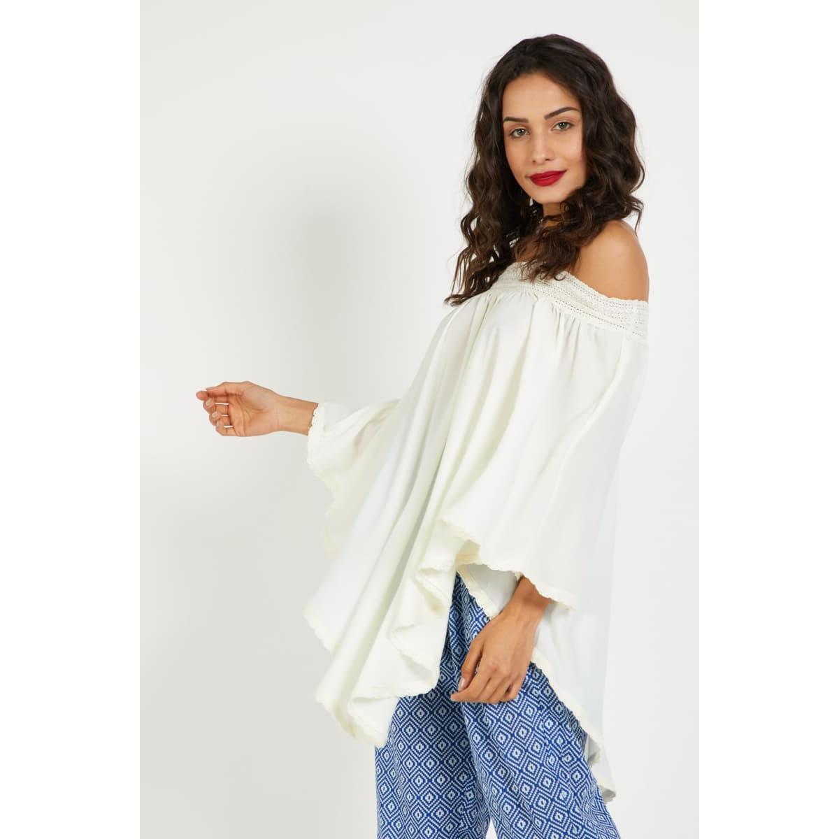 Blusa mujer hombros descubiertos bohemia holgada, blusón fluido, manga murciélago, estilo casual elegante, tejido suave, color blanco, talla 38, cómoda fresca versátil ✅Entrega 24/48h